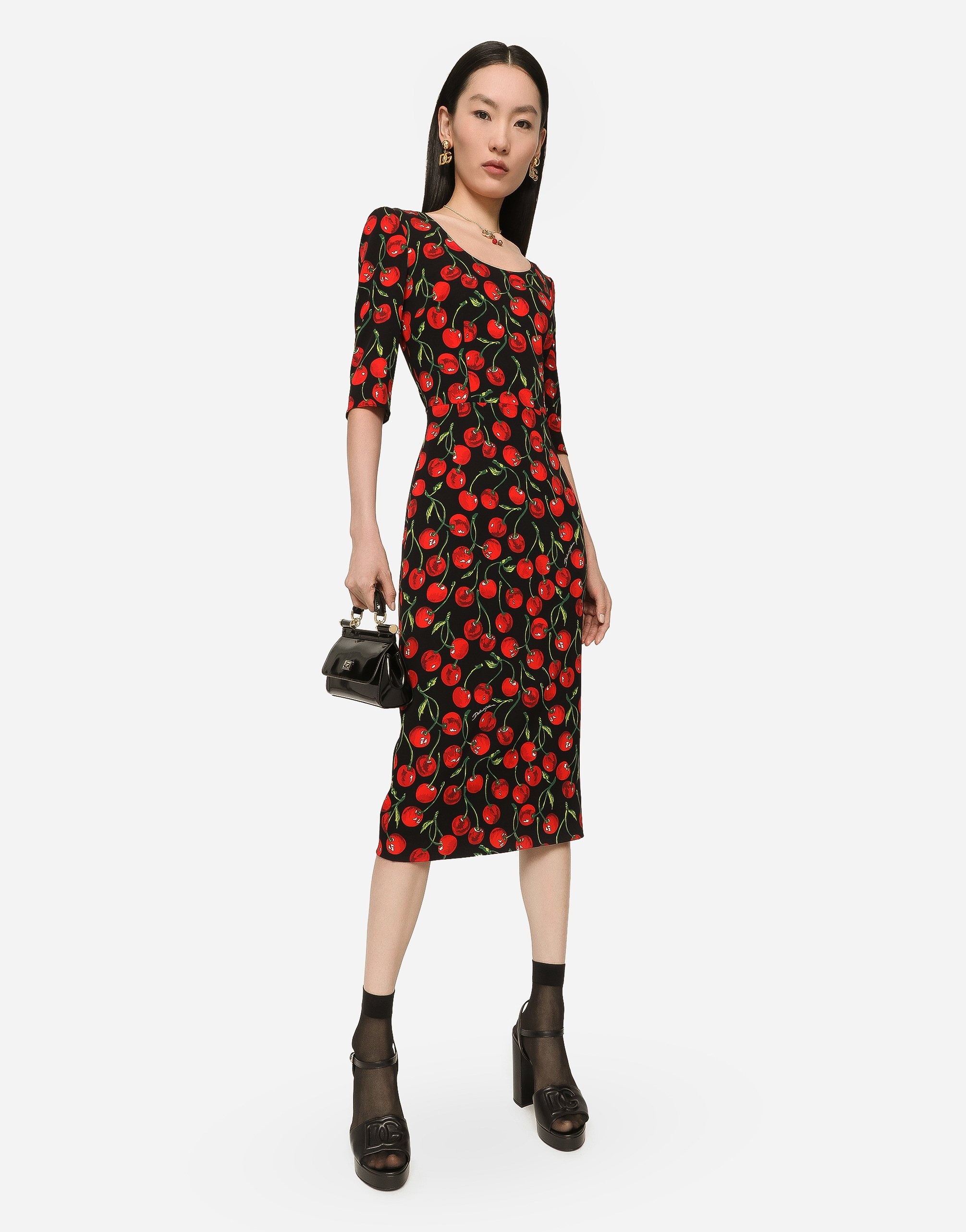 Cherry-print charmeuse calf-length dress - 2