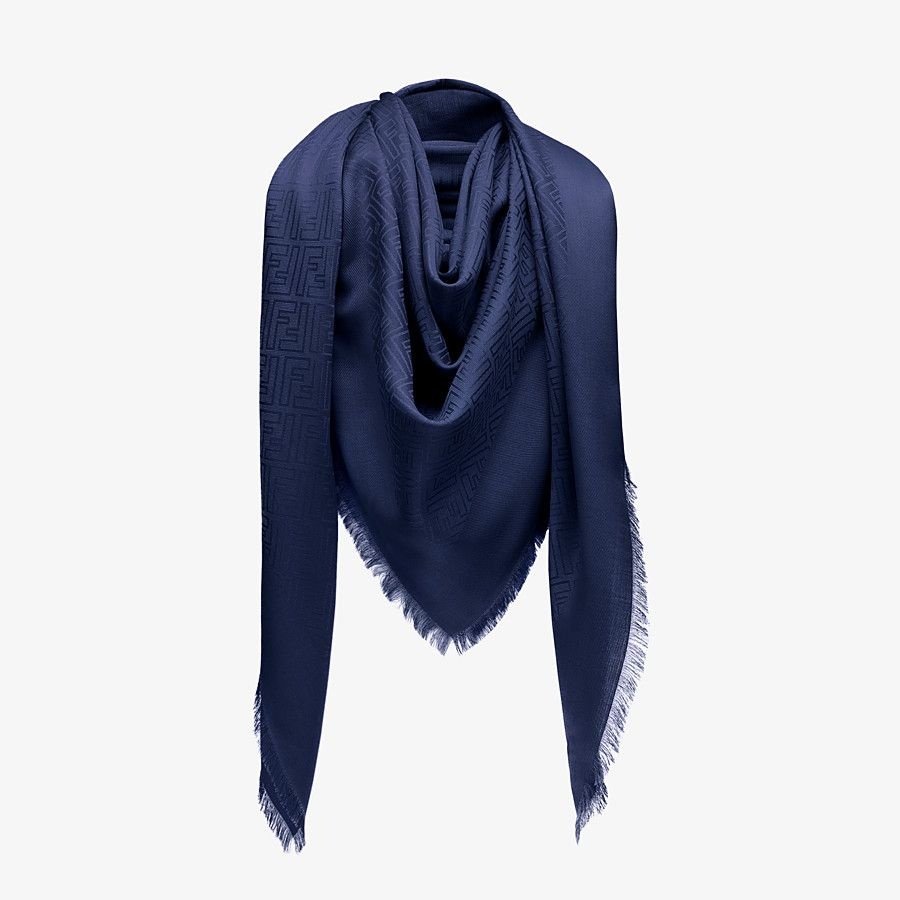 Blue silk and jacquard wool shawl - 2