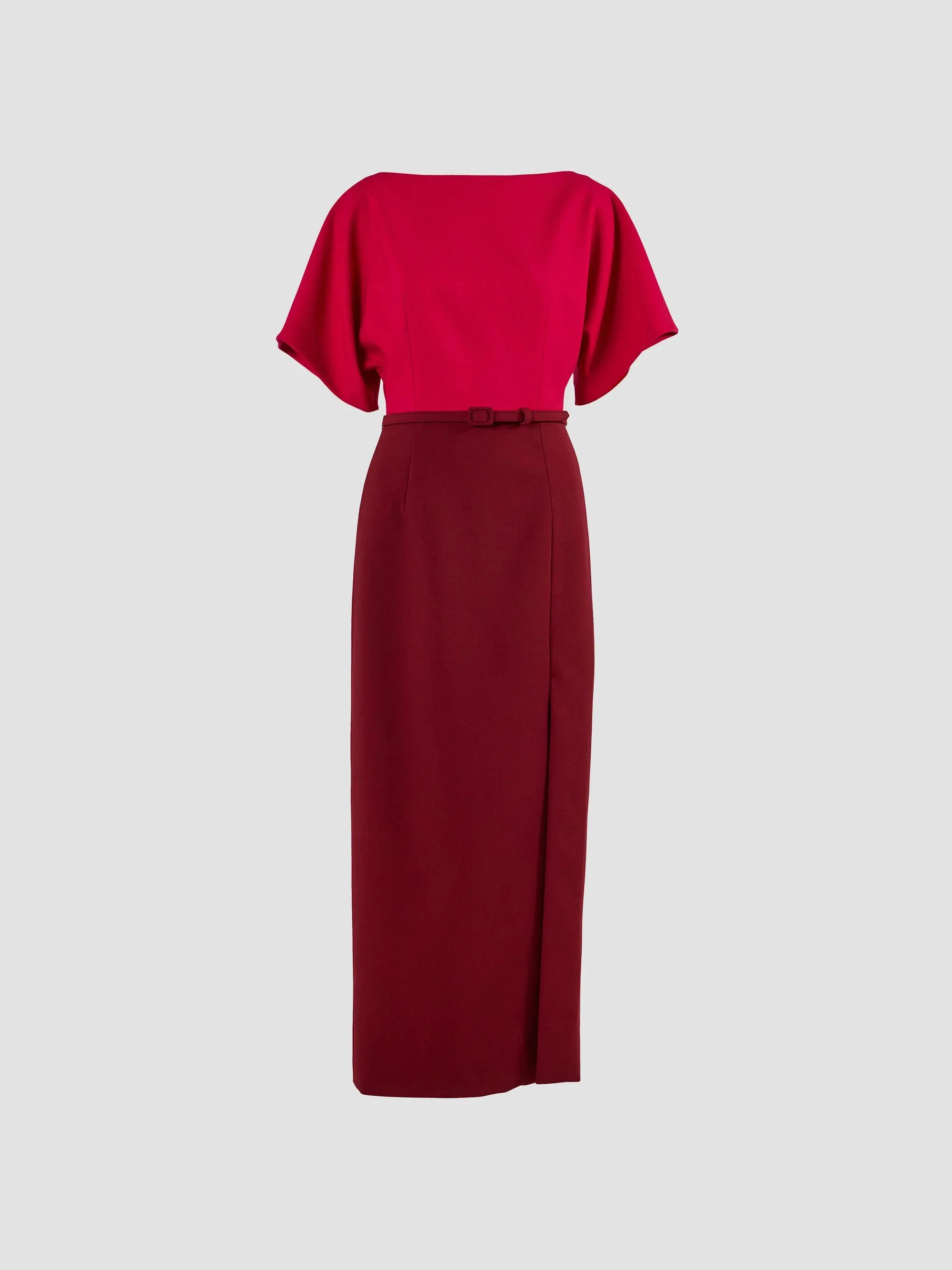 Women's Colorblocked Stretch Virgin-Wool Belted Midi Dress - Claret Multi - 1