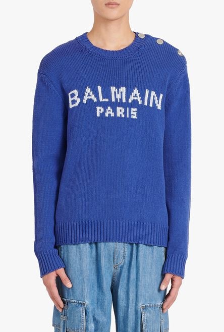 HIGH SUMMER CAPSULE - “Gitane” blue cotton sweater with embroidered white Balmain Paris logo - 5