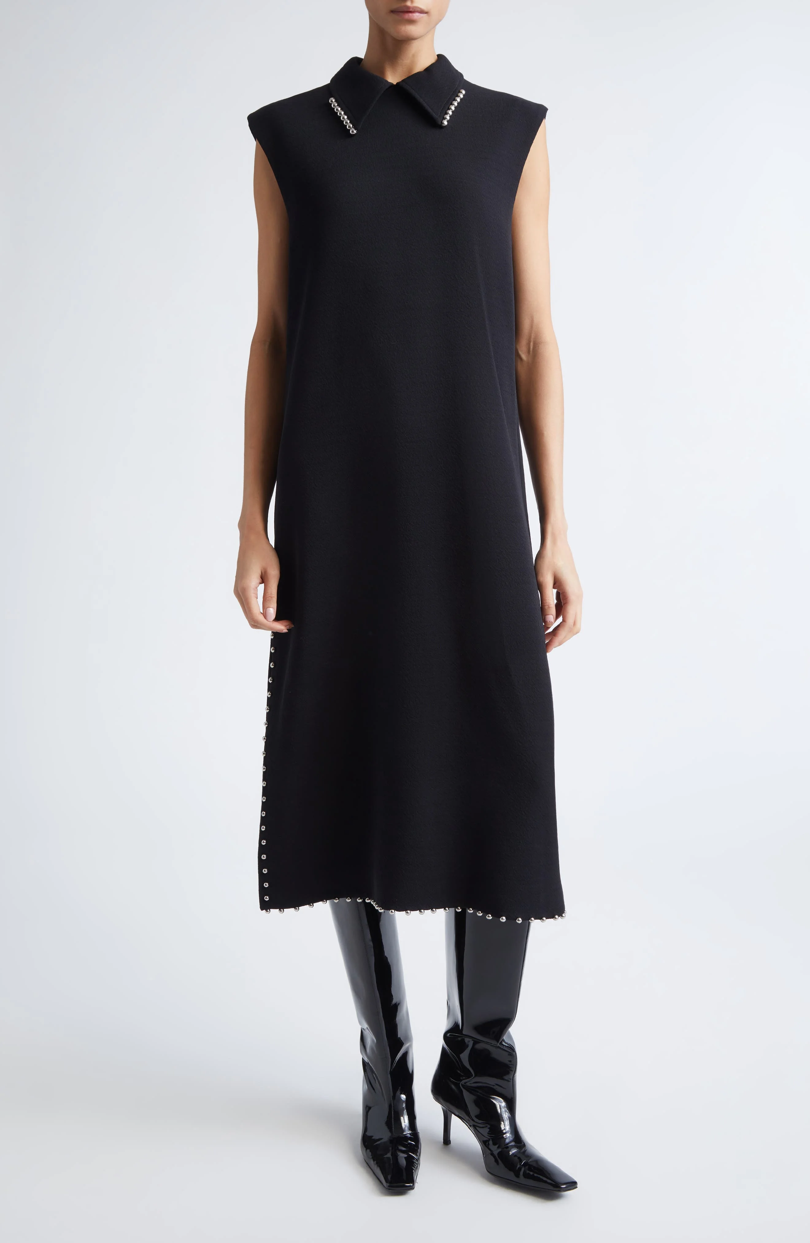Jil Sander Bead Embellished Sleeveless Stretch Virgin Wool Blend Midi Dress in Black at Nordstrom - 1