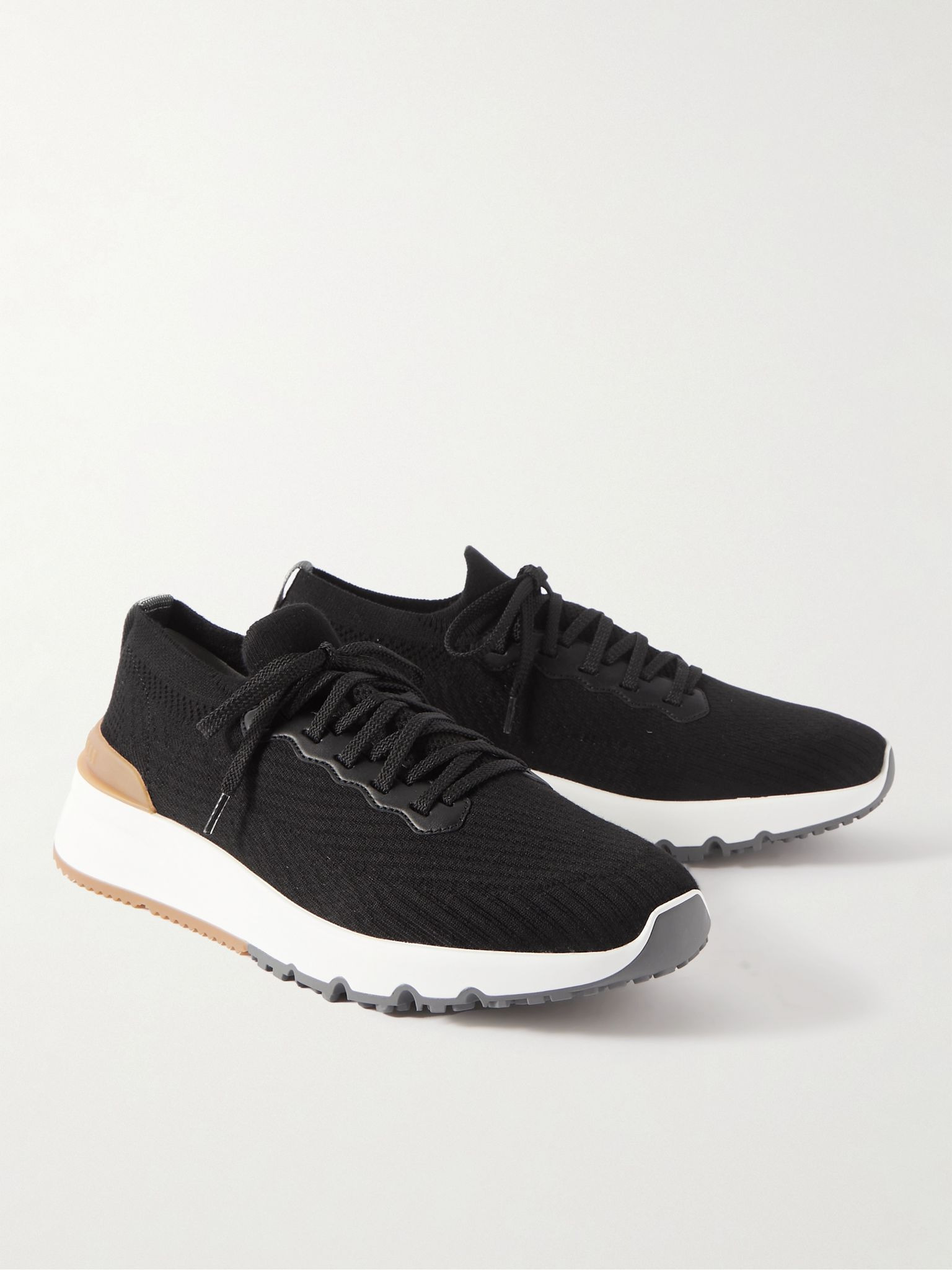Leather-Trimmed Stretch-Knit Sneakers Black - 3