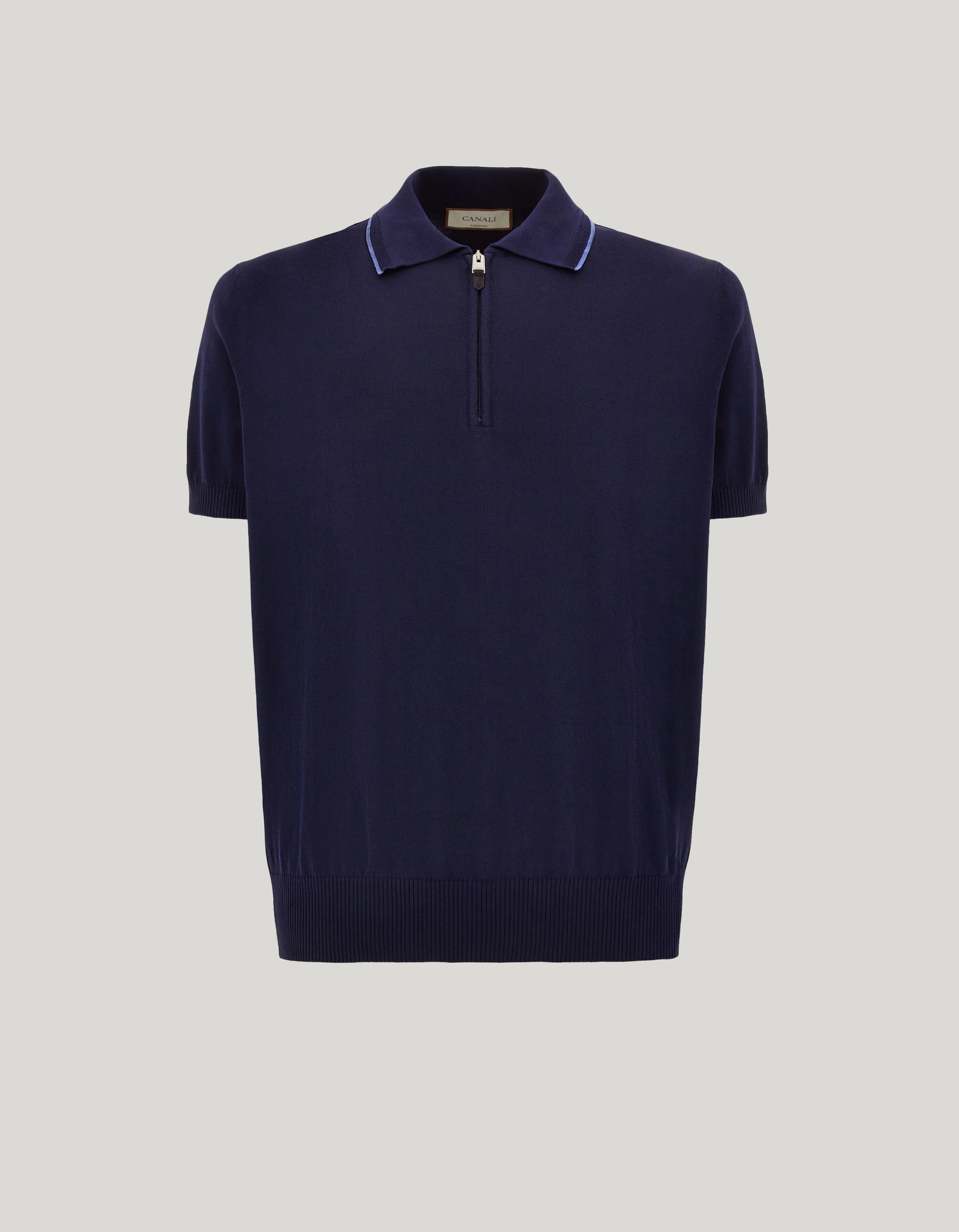 BLUE GIZA COTTON POLO SHIRT WITH ZIPPER AND CONTRASTING PIPING - 1