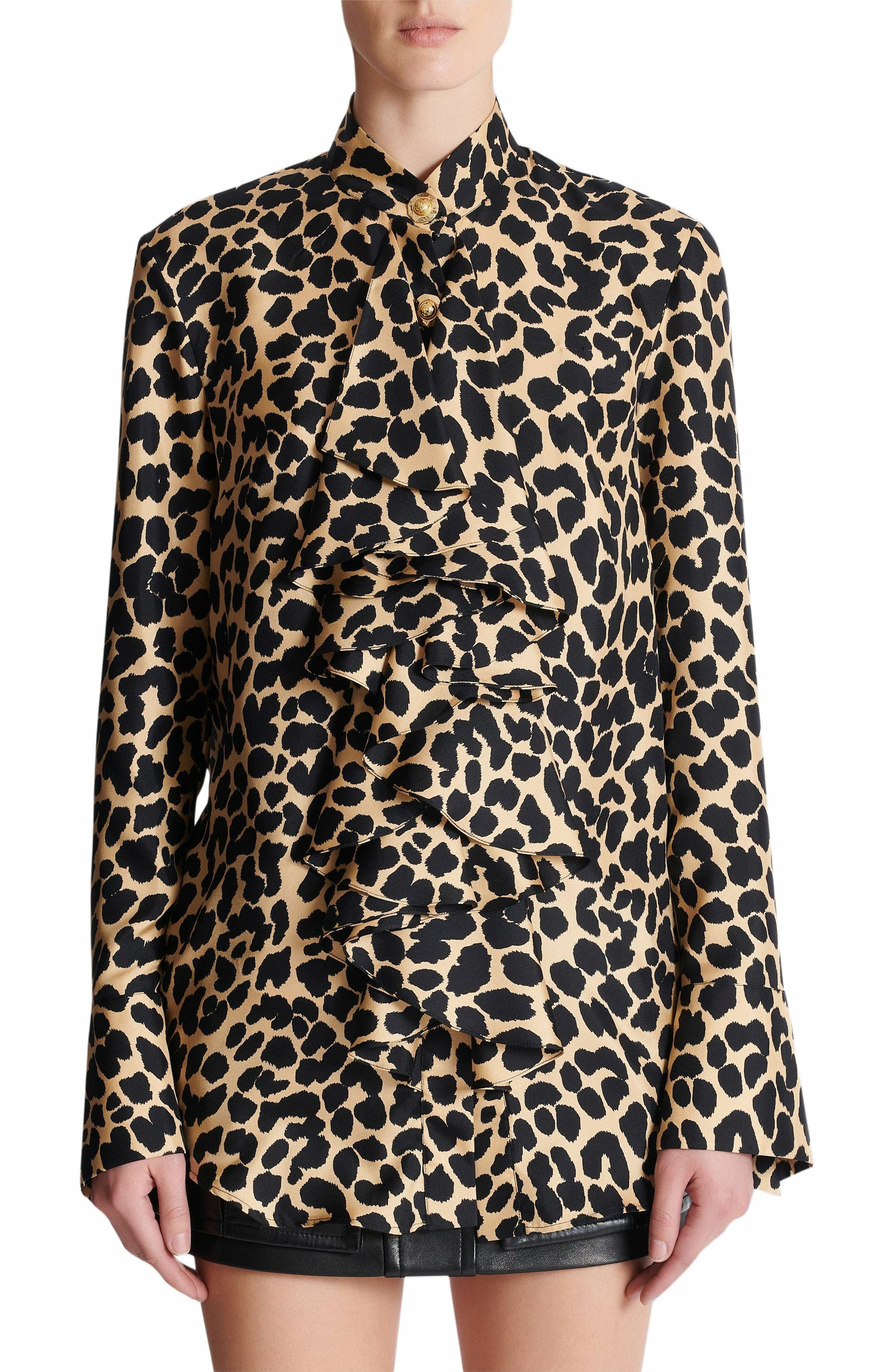 Balmain Leopard Print Ruffled Shirt in Black at Nordstrom - 8