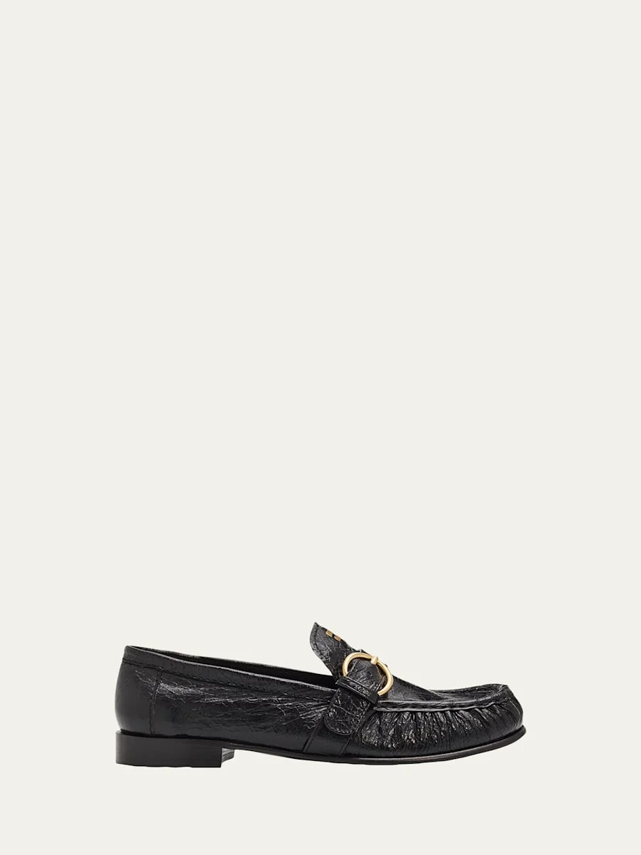 Crinkled Leather Buckled Moccasin Loafers - 1