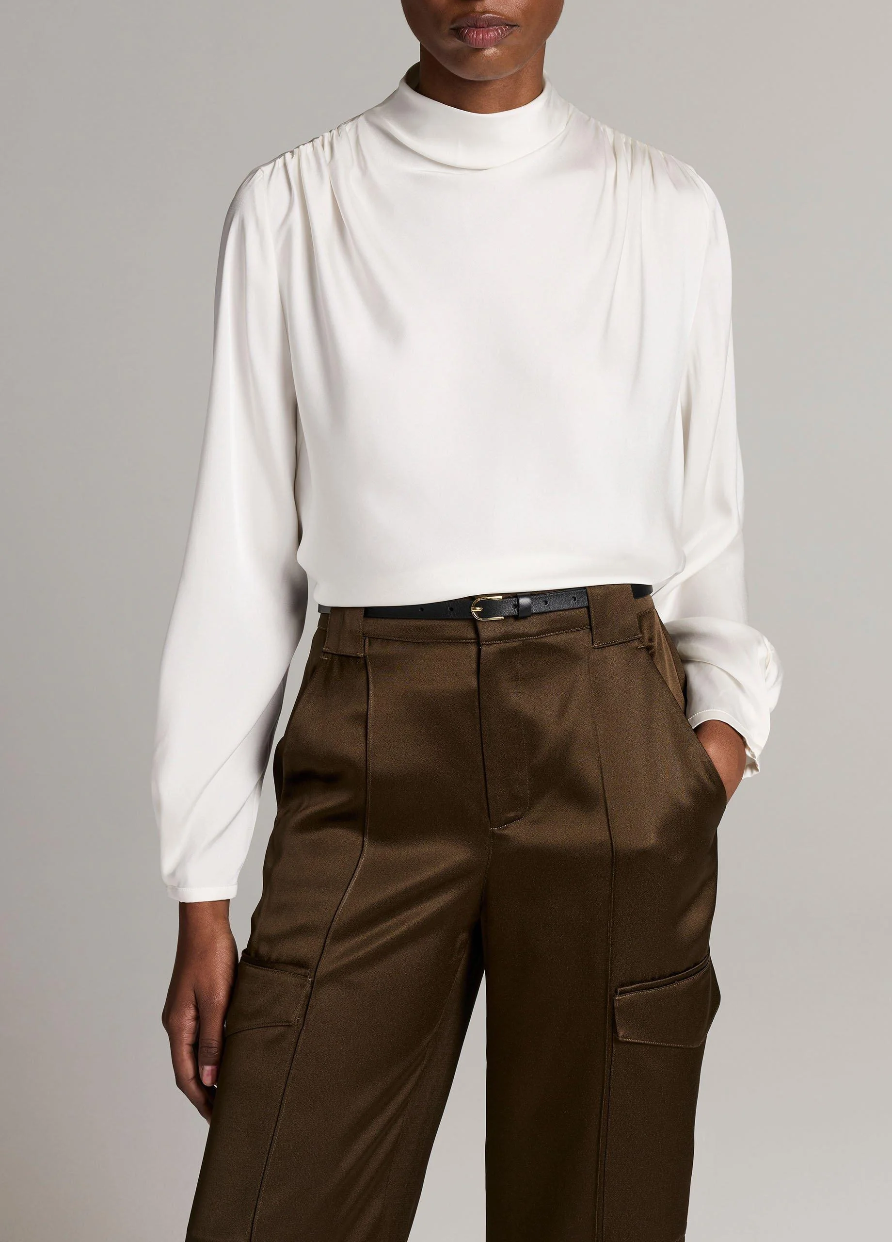 Silk-Blend Draped Cowl-Neck Long-Sleeve Top - 1