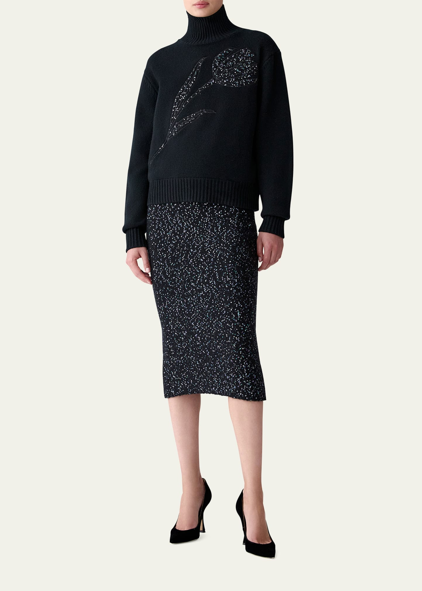Turtleneck Paillette Rose Wool-Cashmere Sweater - 2