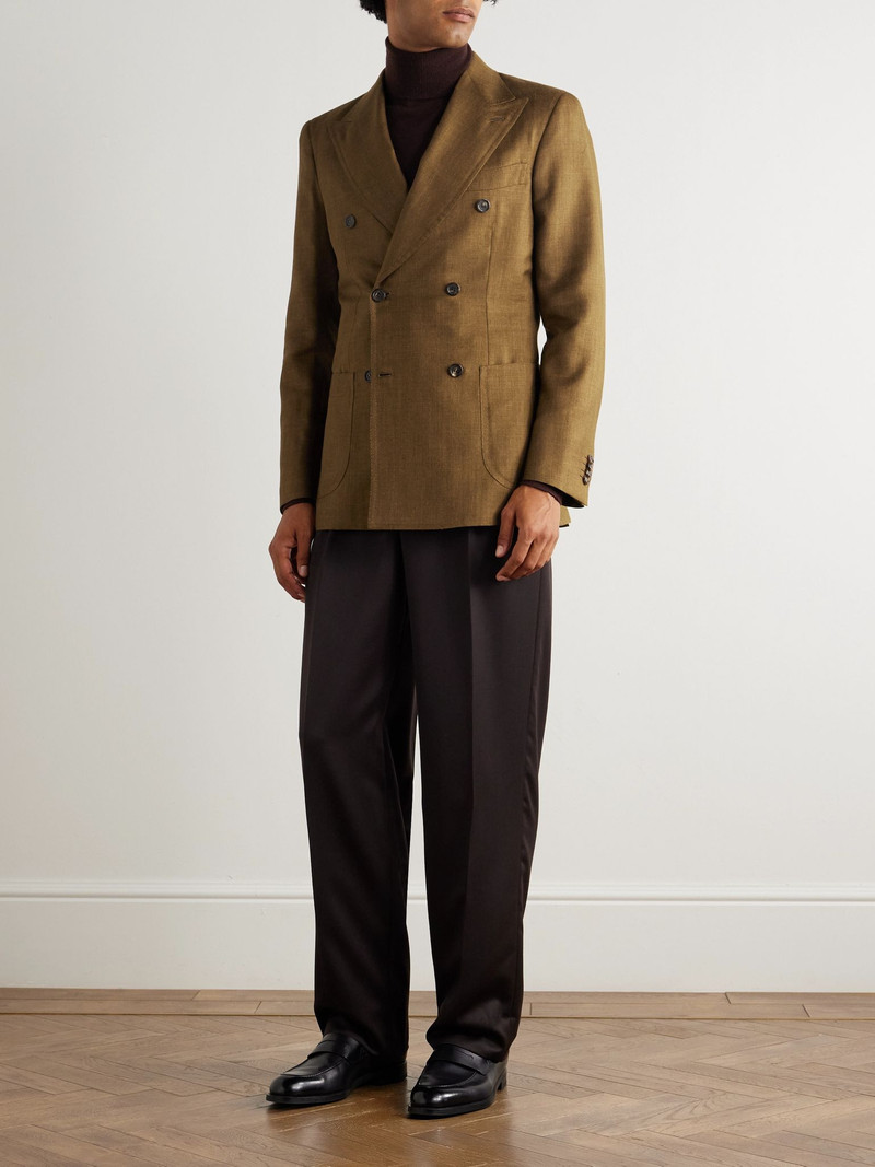 Brioni Amalfi Slim-Fit Double-Breasted Silk, Cashmere and Linen-Blend Blazer Brown outlook