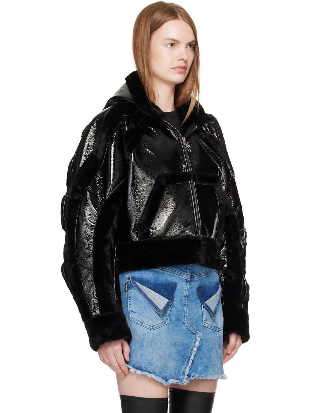 Black Fitted Multiline Faux-Fur Jacket - 2