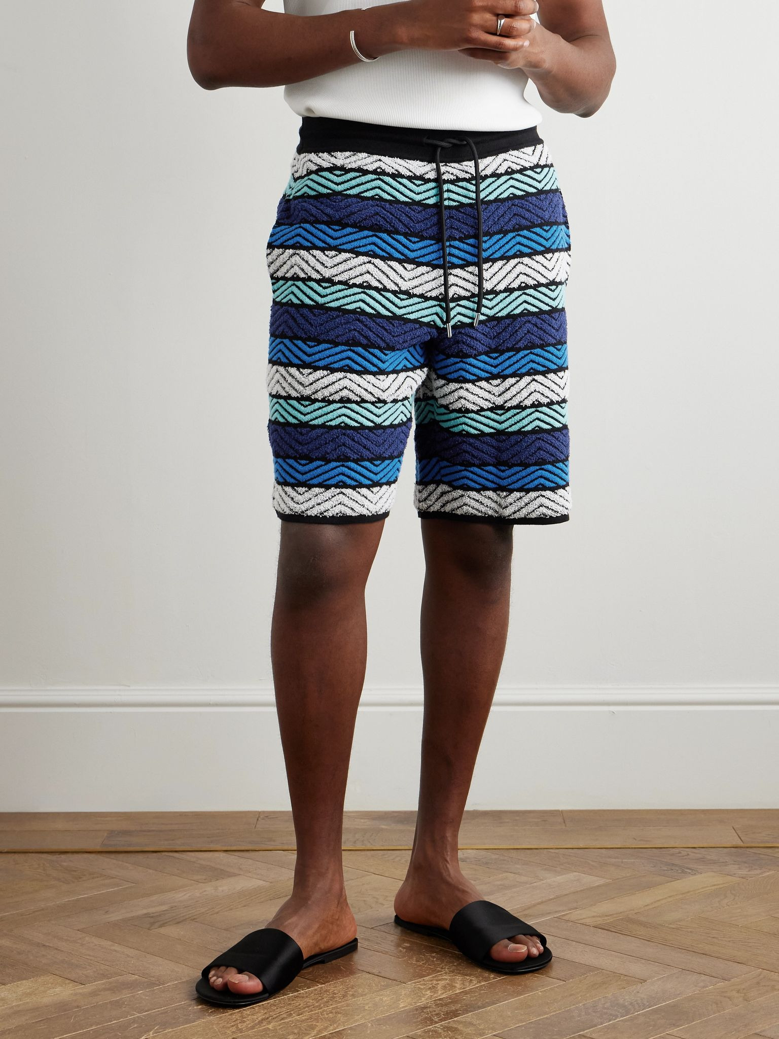 Straight-Leg Striped Cotton-Blend Bouclé Drawstring Shorts Blue - 3