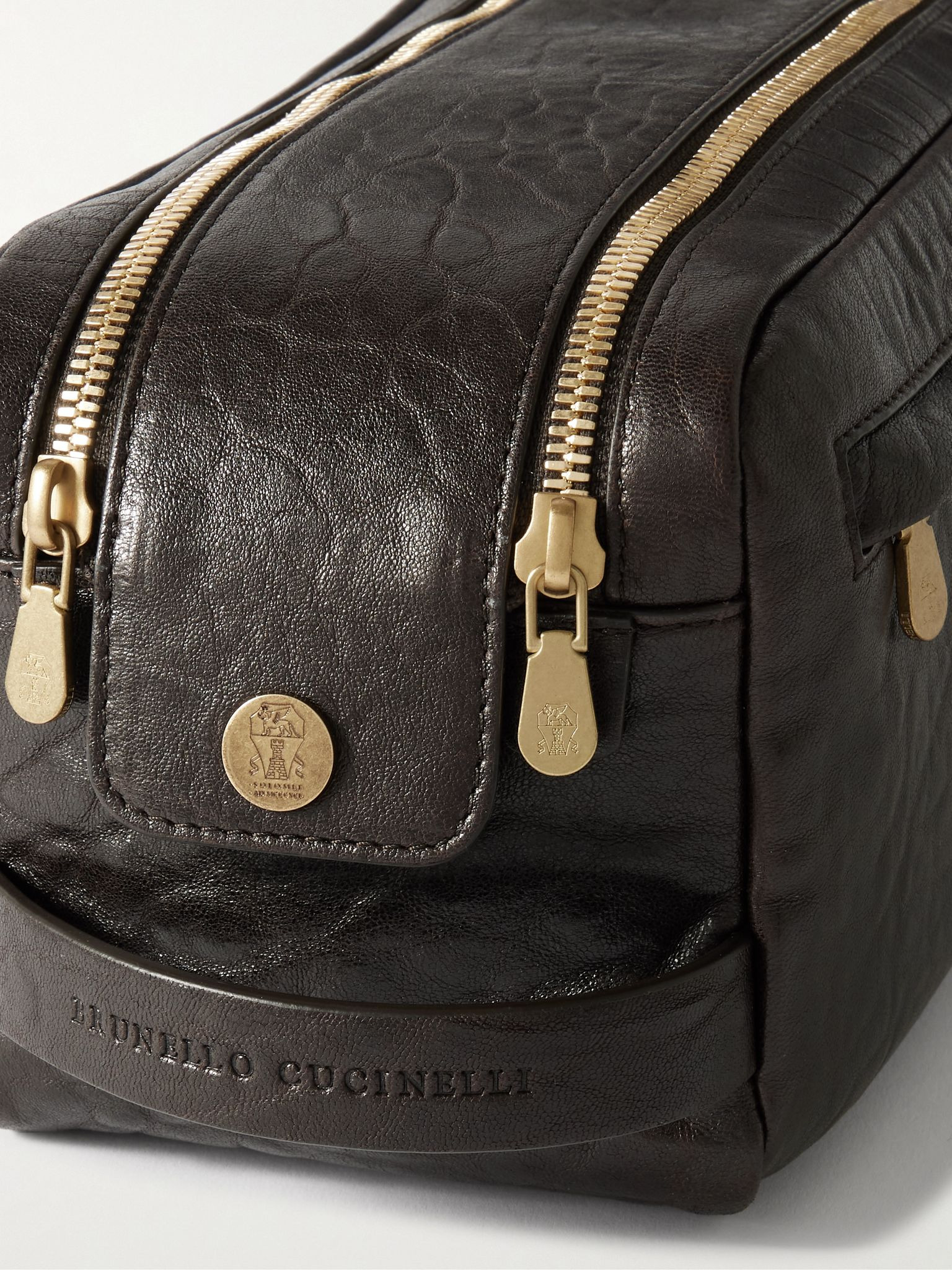 Textured-Leather Wash Bag Brown - 3