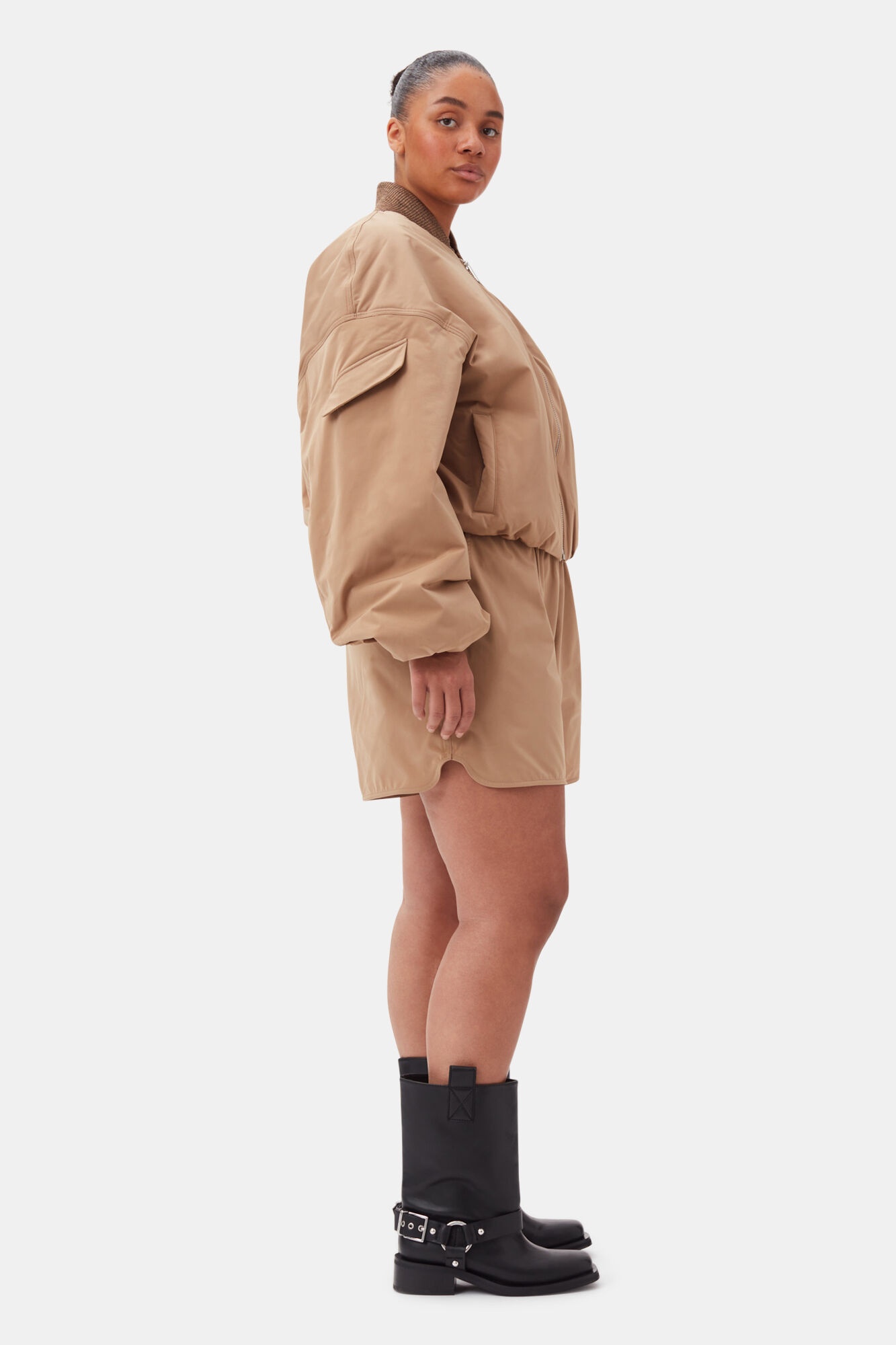 BROWN LIGHT TWILL OVERSIZED SHORT BOMBER JACKET - 8