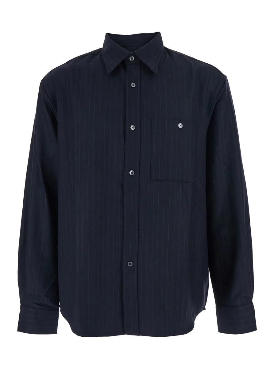 Tonywack Blue Pinstriped Shirt With Pointed Collar In Wool Blend Man - 1