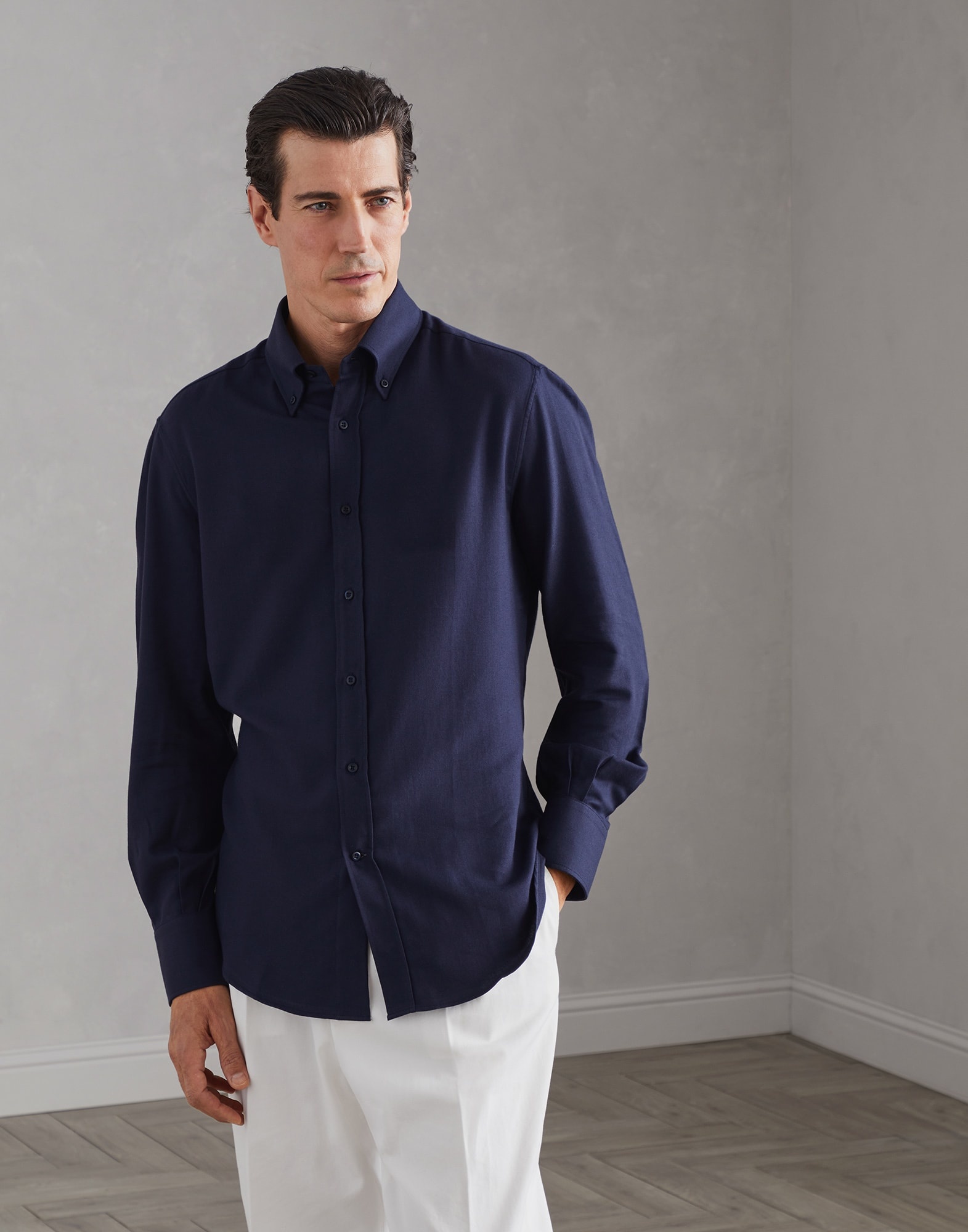 Cotton and cashmere twill basic fit shirt with button-down collar - 1