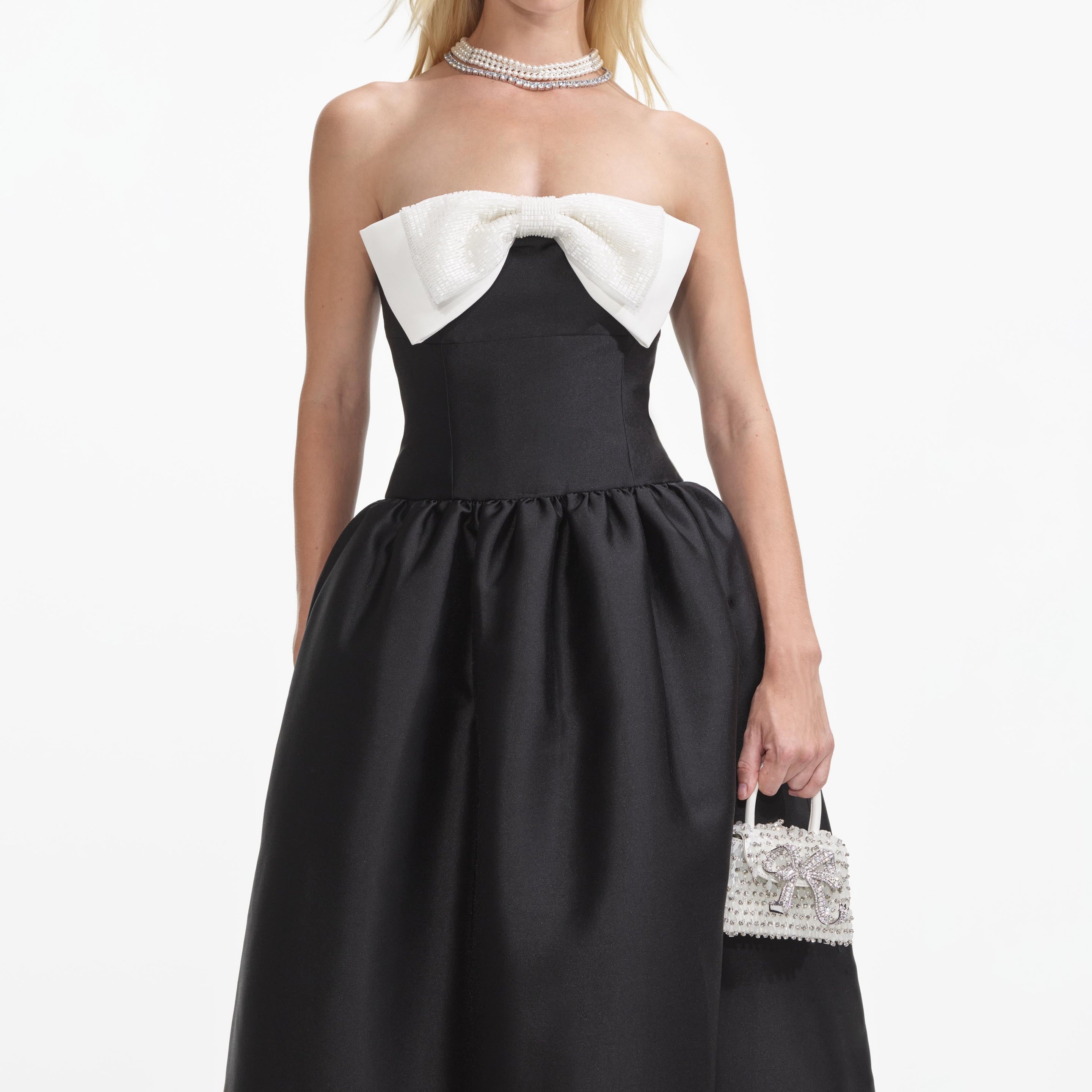 Black Taffeta Contrast Bow Midi Dress - 4