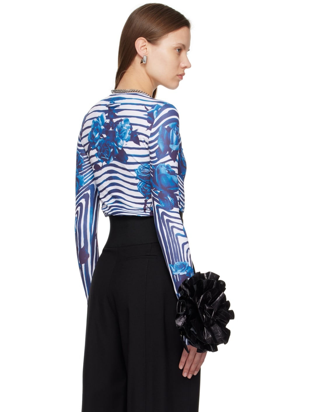 White & Blue Flower Body Morphing Long Sleeve T-Shirt - 3