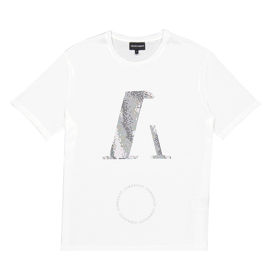 Emporio Armani Sequinned Logo Cotton T-Shirt In White - 1