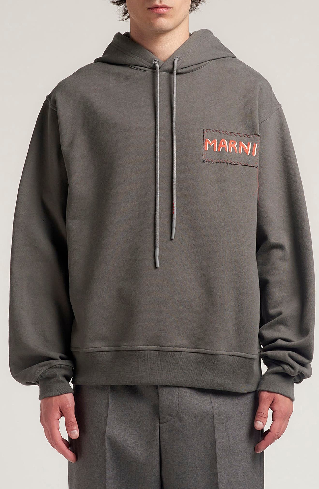 Marni Logo Patch Cotton French Terry Hoodie in Grey at Nordstrom - 1