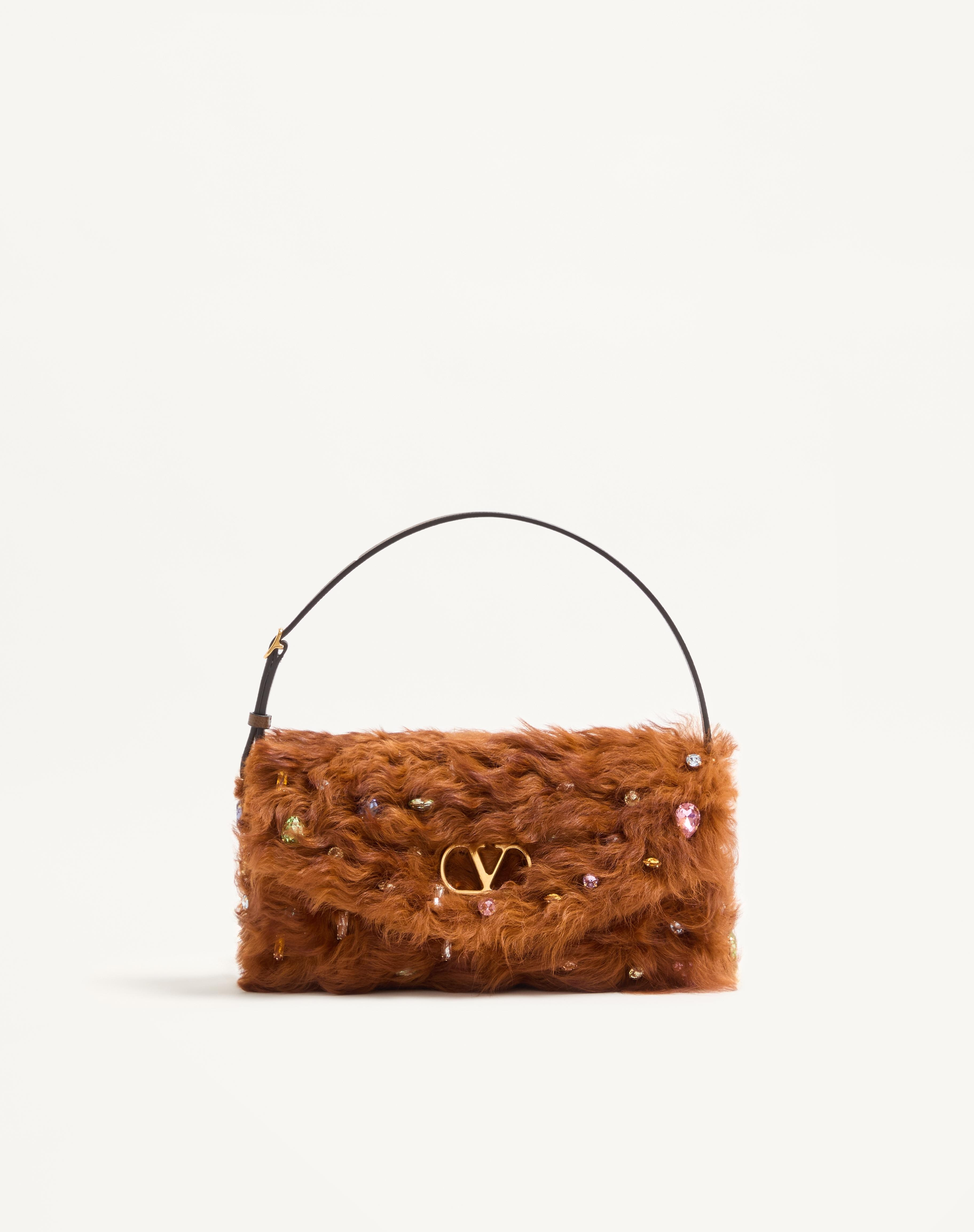 VALENTINO GARAVANI DEVAIN SMALL SHOULDER BAG IN LAMB FUR WITH RHINESTONES. - 1