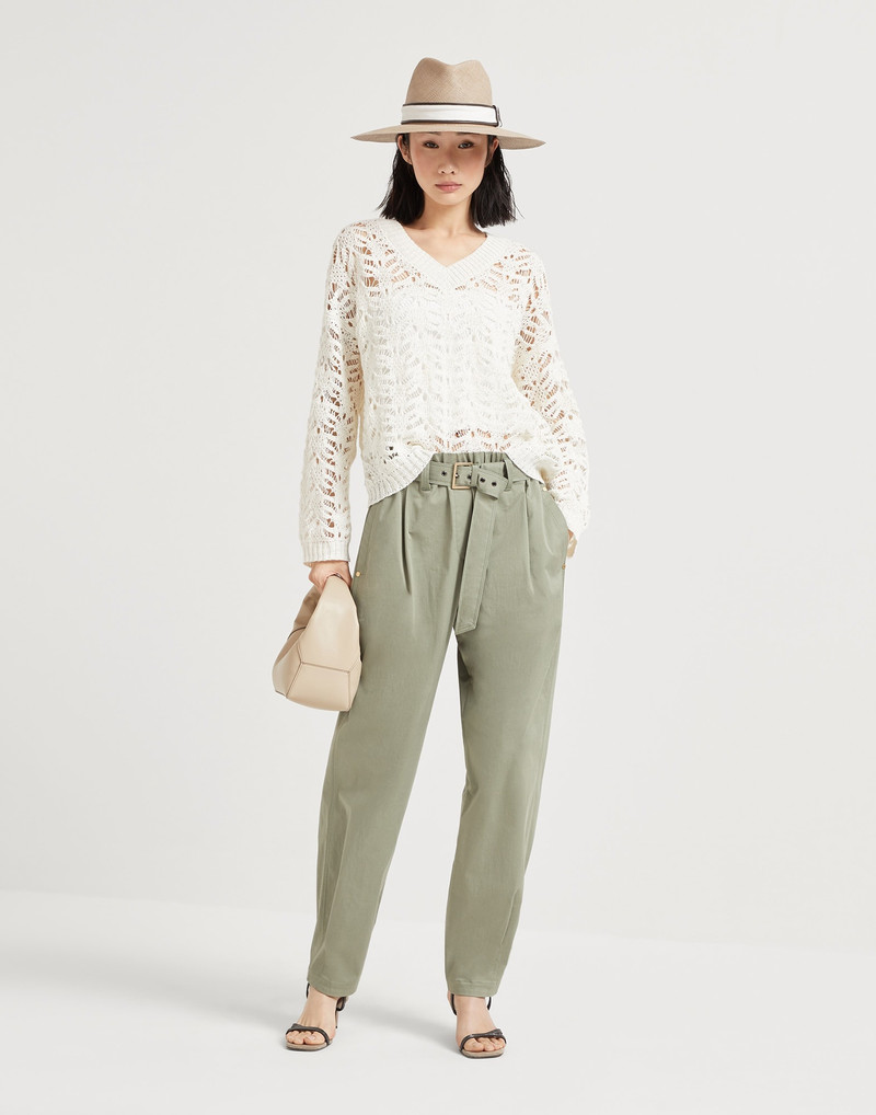 Stretch cotton gabardine baggy belted pull on trousers 4