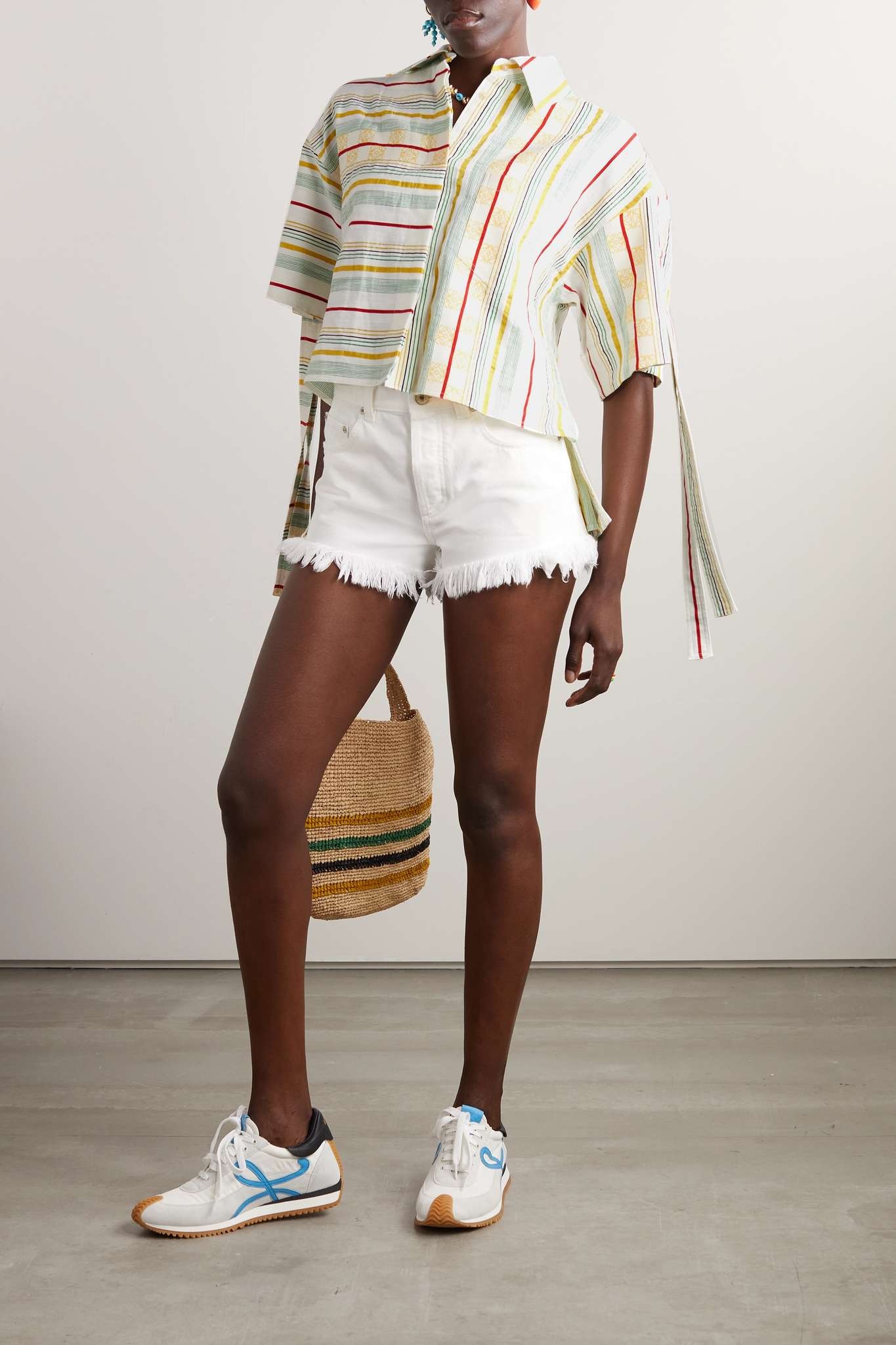 + Paula's Ibiza cropped asymmetric striped cotton, linen and silk-blend shirt - 2