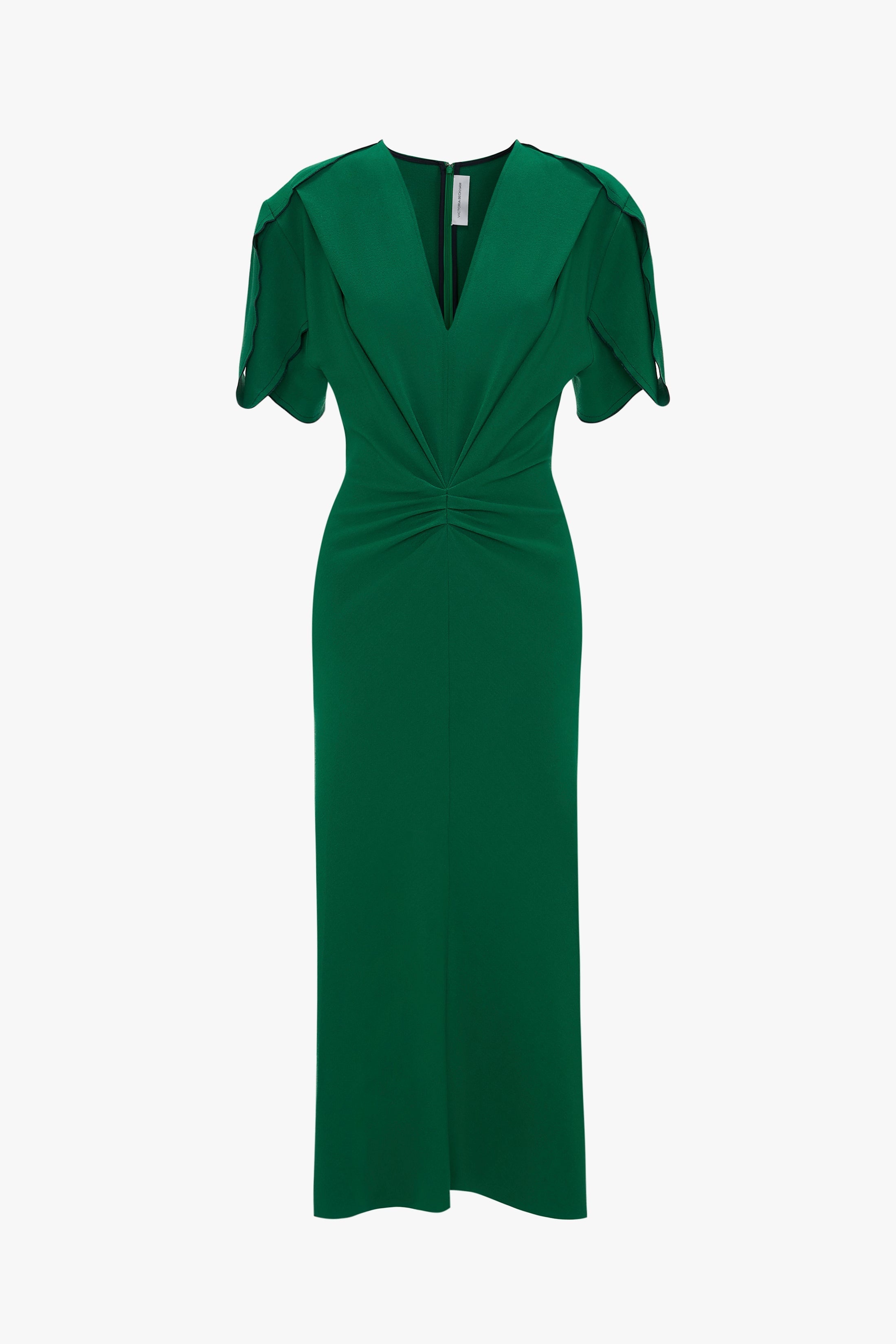 Gathered V-Neck Midi Dress in Emerald - 1