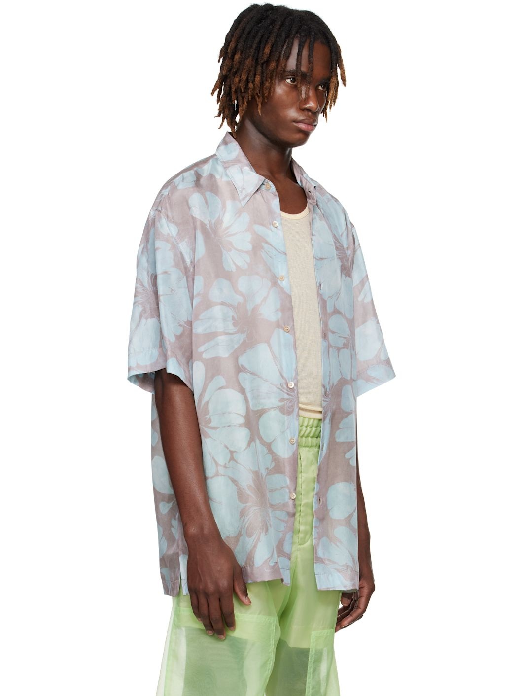 Blue & Pink Silk Short Sleeve Shirt - 2