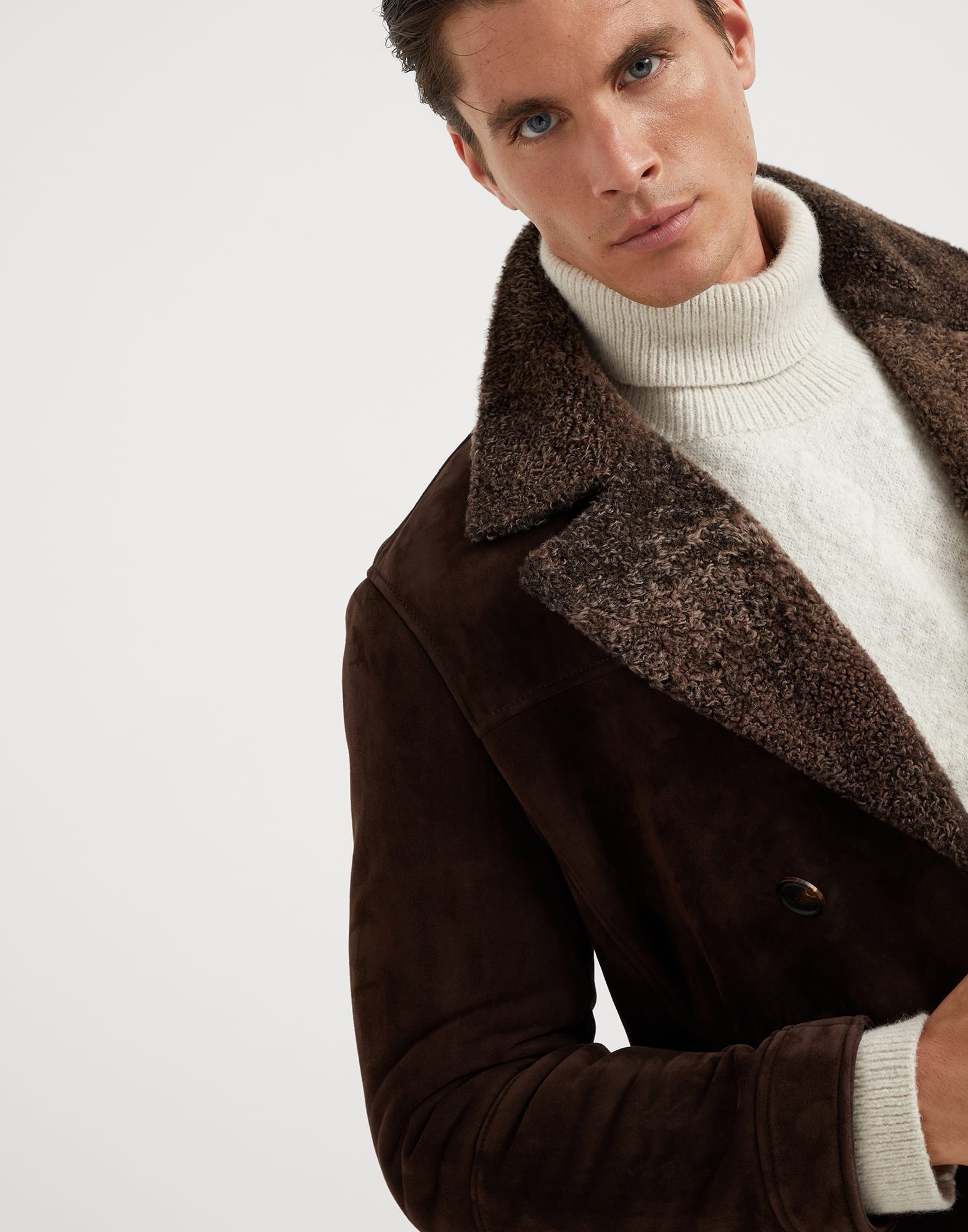 Suede shearling one-and-a-half breasted outerwear jacket - 3