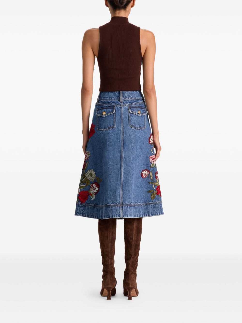 Dahlia floral-embroidered denim skirt - 4