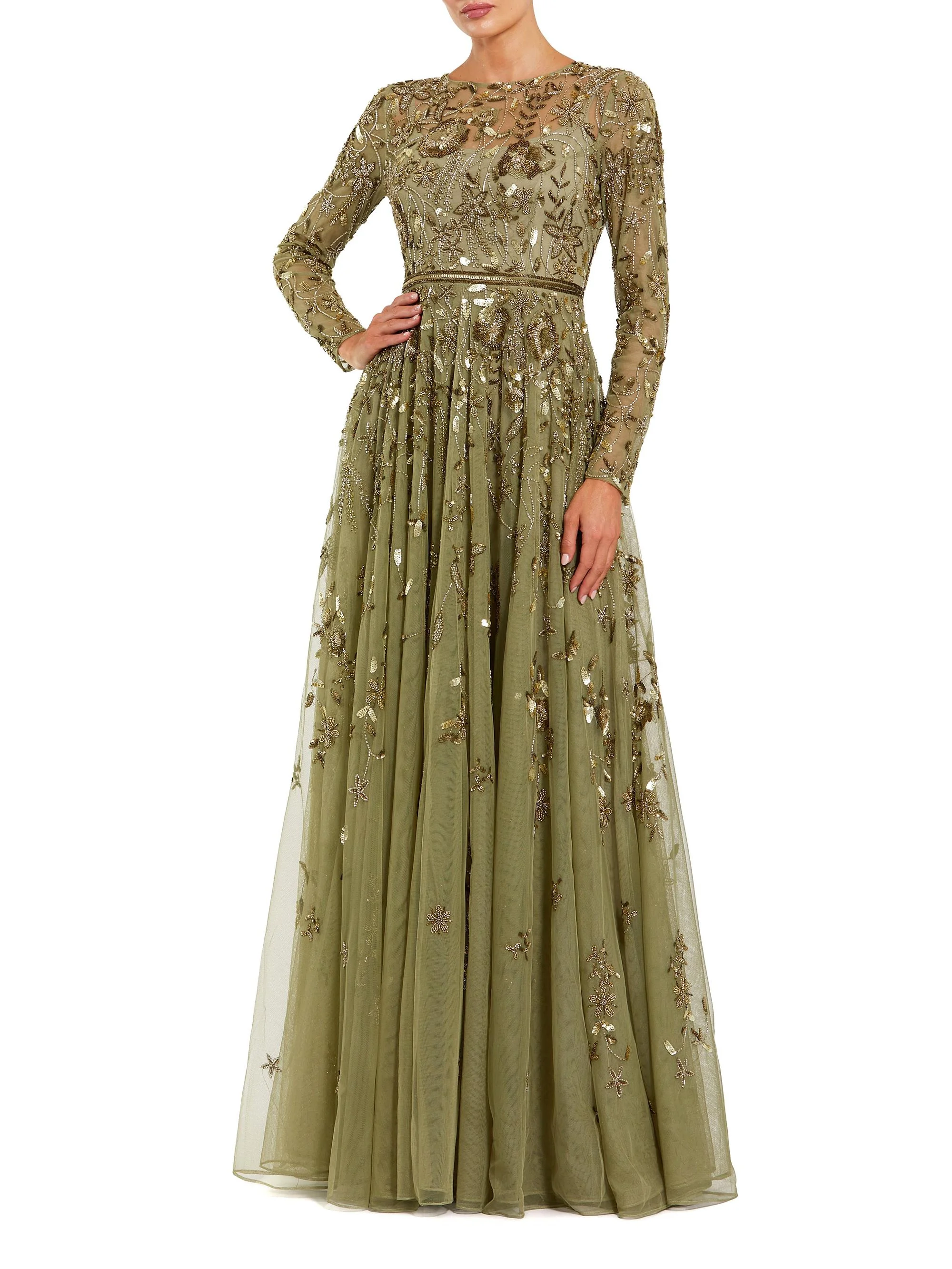 Women's Embellished Floral-Embroidered Mesh Gown - Green - 1