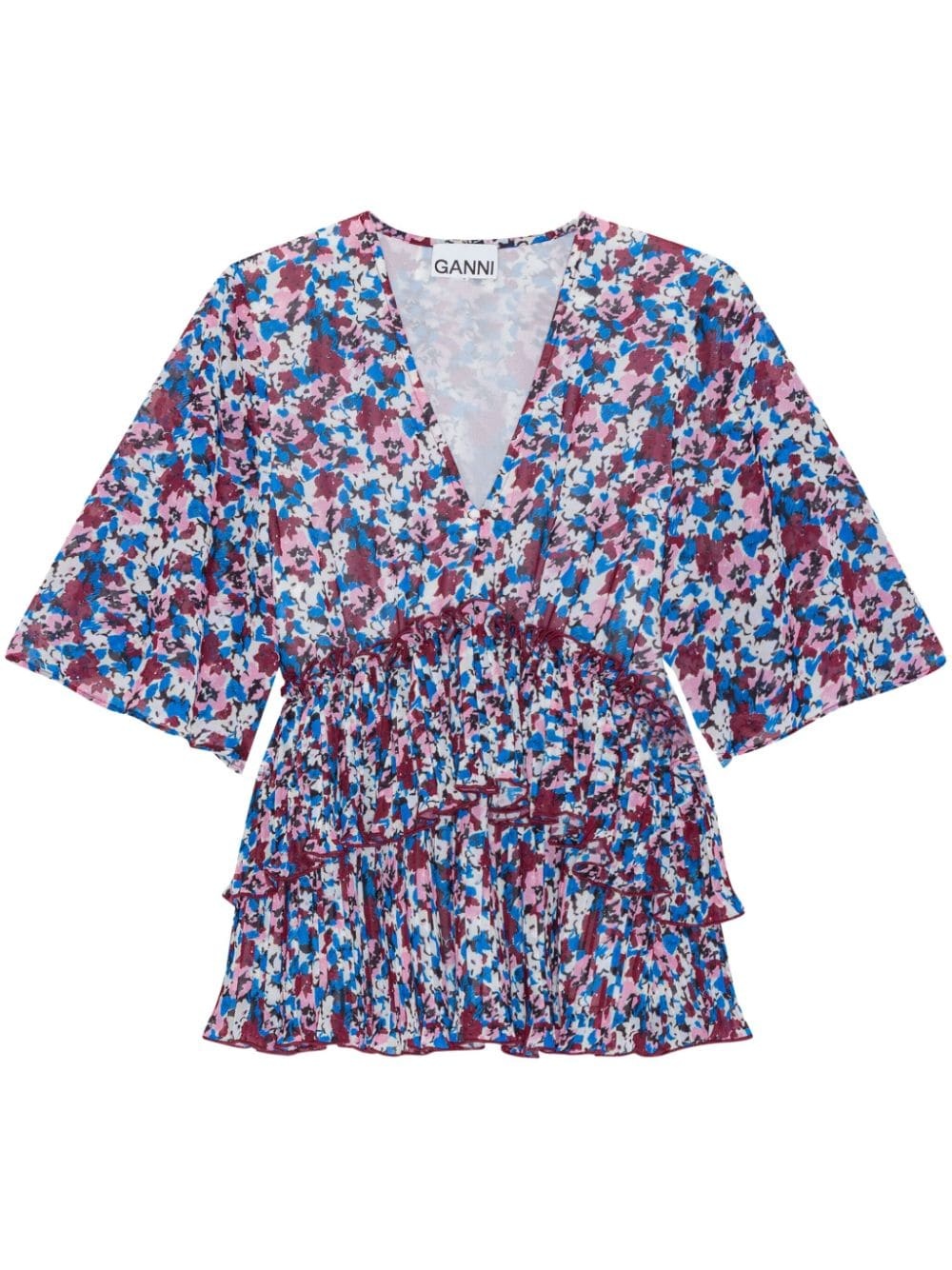 floral-print V-neck pleated blouse - 1