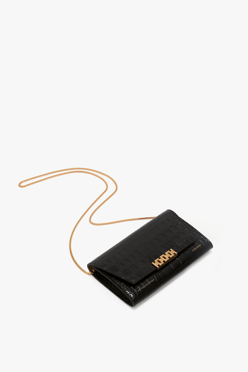 Wallet On Chain In Black Croc-Effect Leather 6