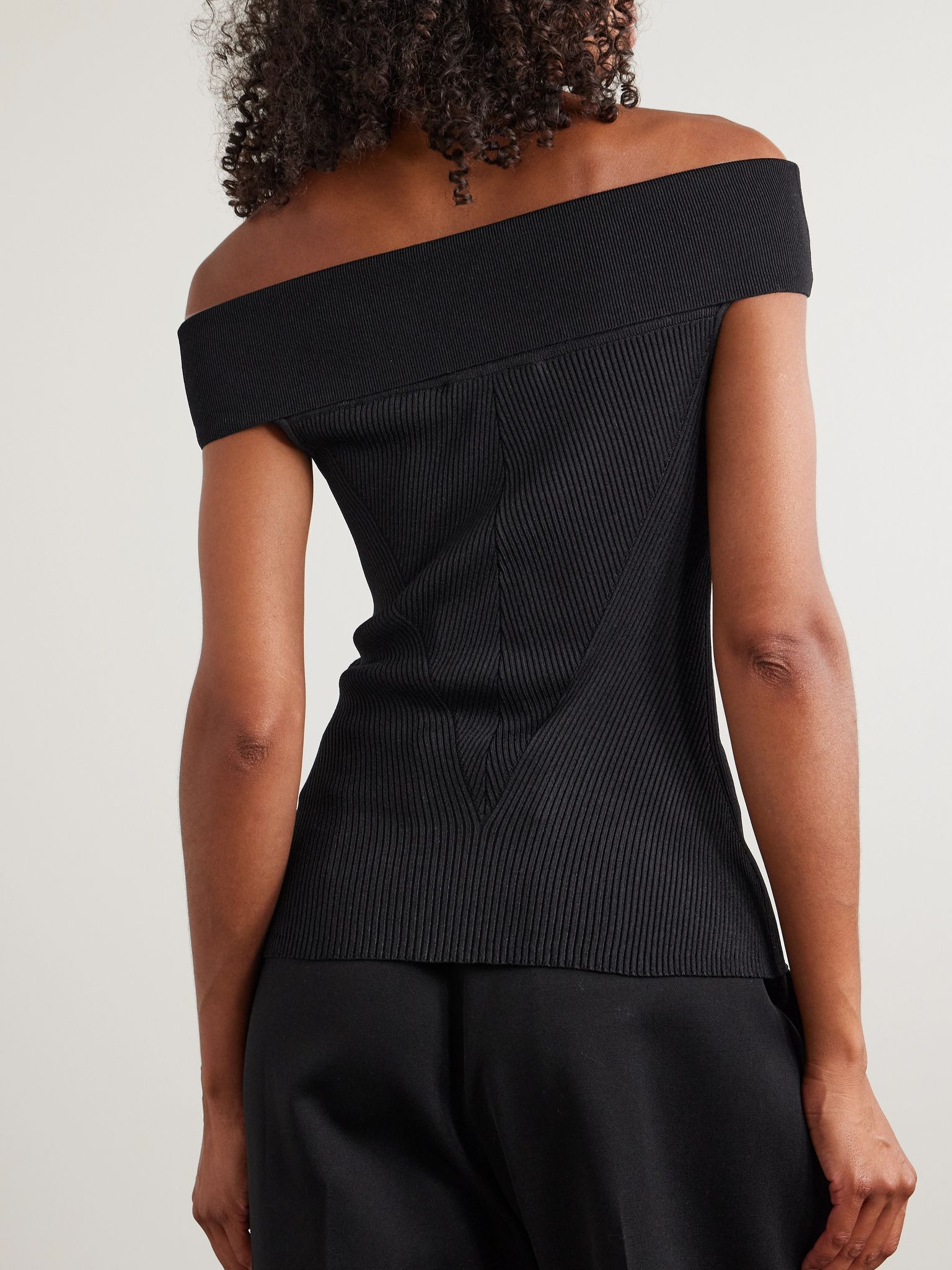 Off-the-shoulder paneled ribbed-knit top Black - 3