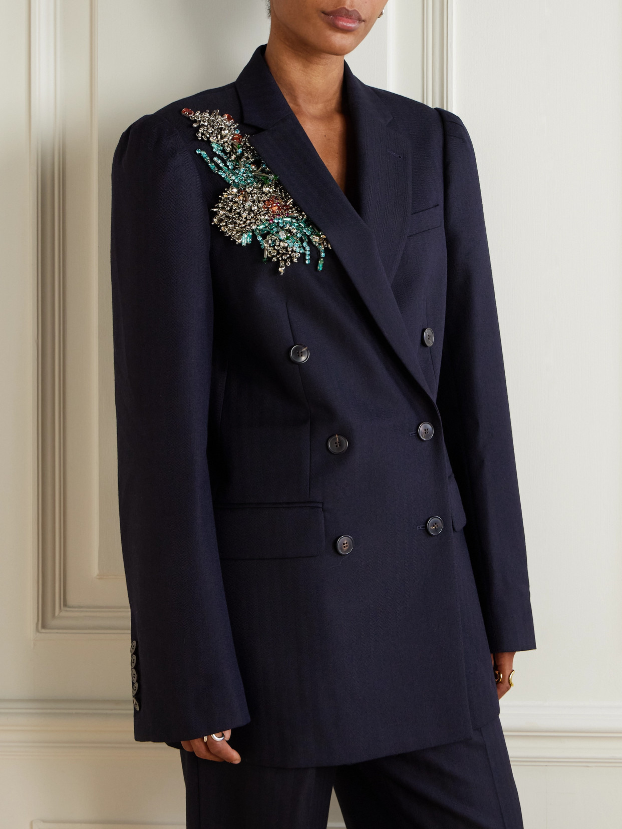 Oversized Double-breasted Embellished Wool Herringbone Blazer - 4