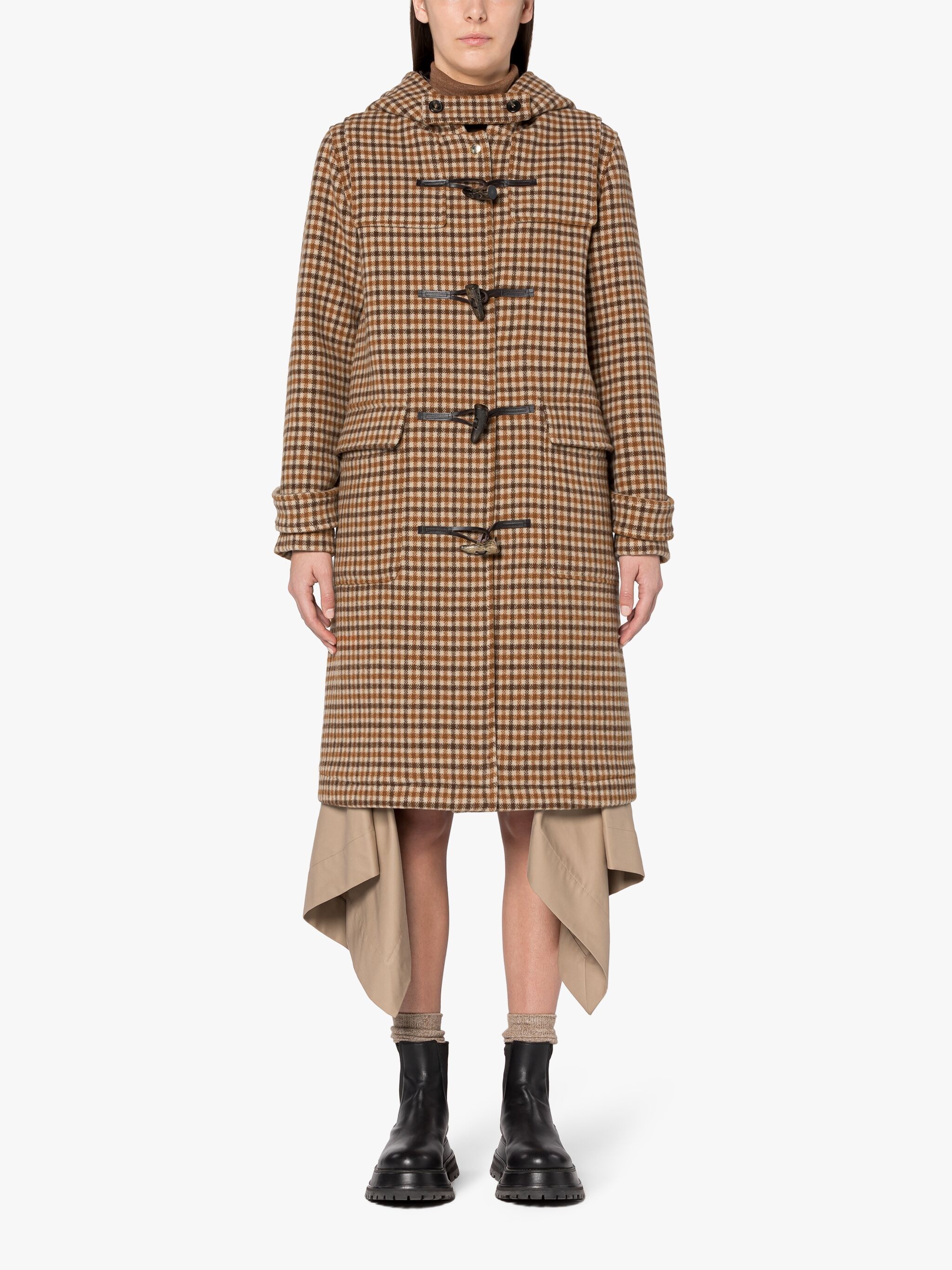 INVERALLAN BROWN CHECK WOOL DUFFLE COAT - 3