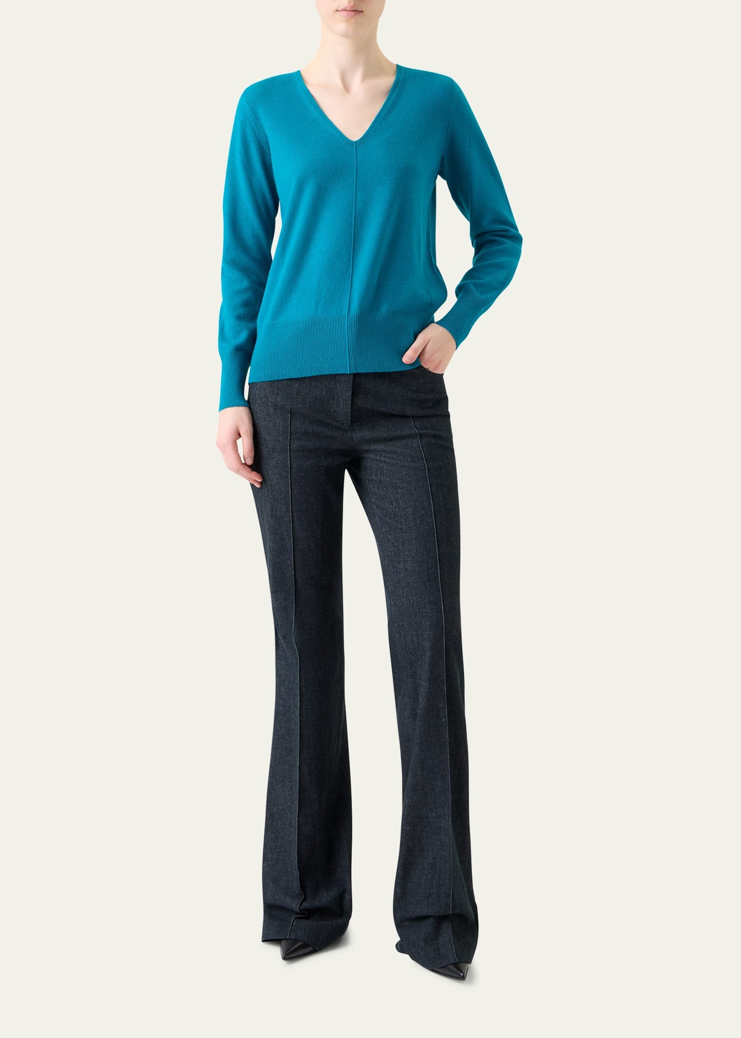 V-Neck Pure Cashmere Knit Sweater - 2