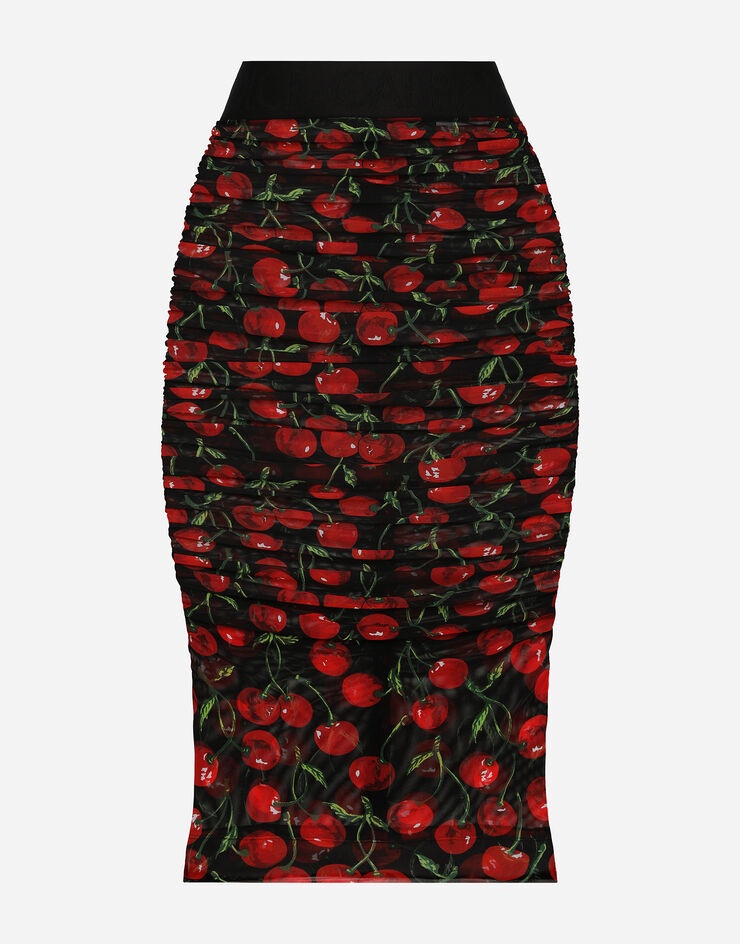 Cherry-print tulle midi skirt with branded elastic and draping - 1