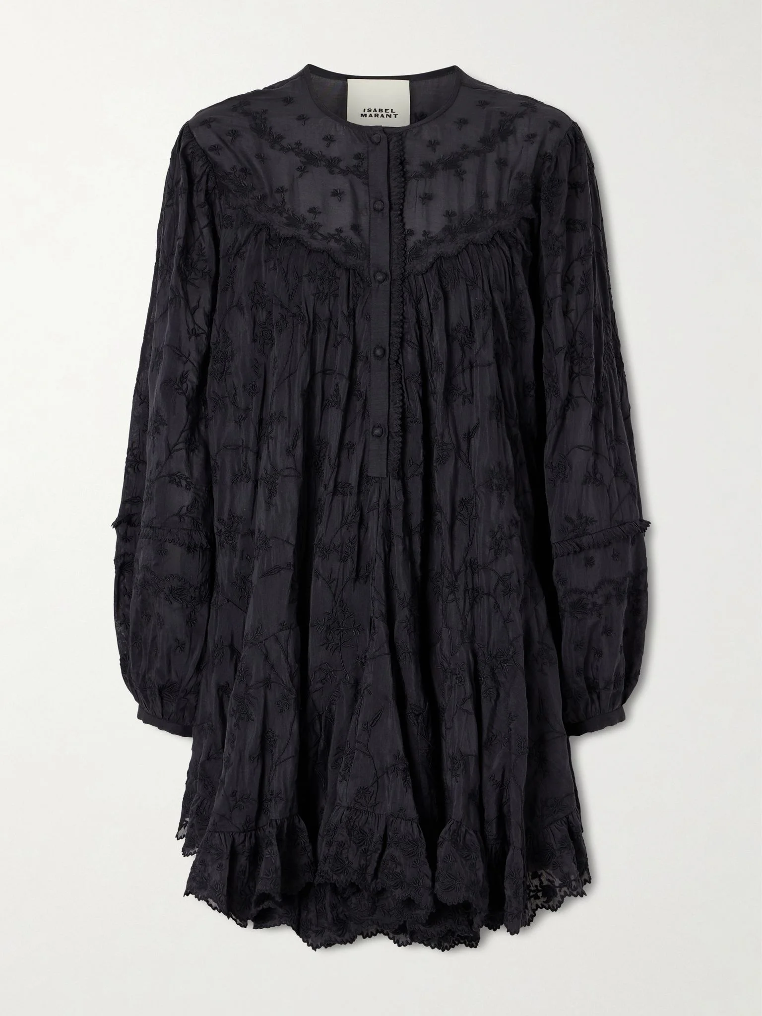 Zame ruffled embroidered cotton and silk-blend mini dress Black - 1
