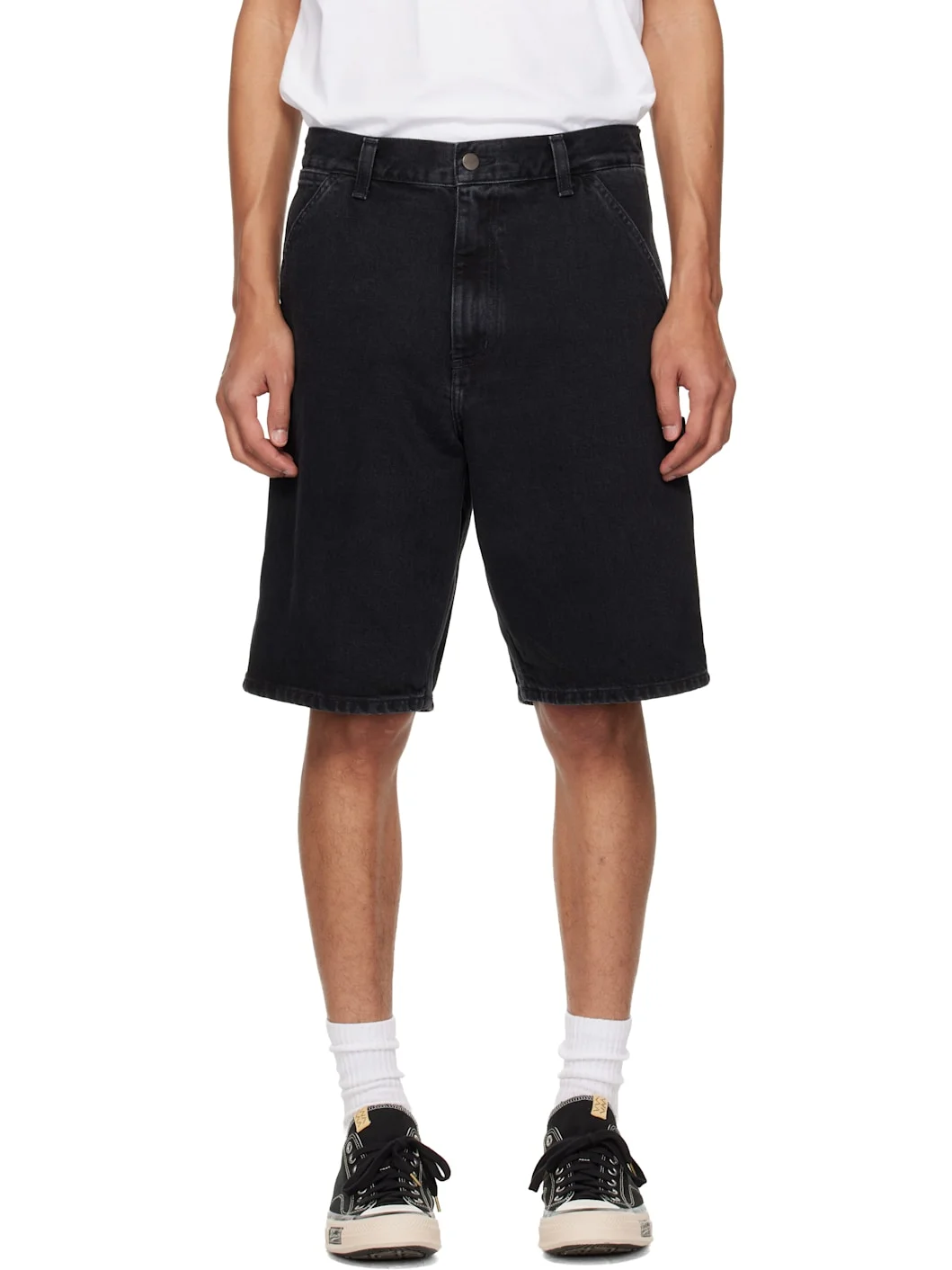 Black Single Knee Denim Shorts - 1