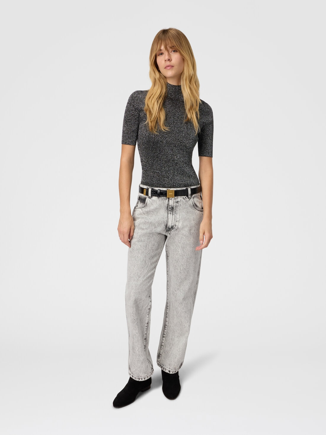 Mock Neck Sweater with Lamé Threads - 2