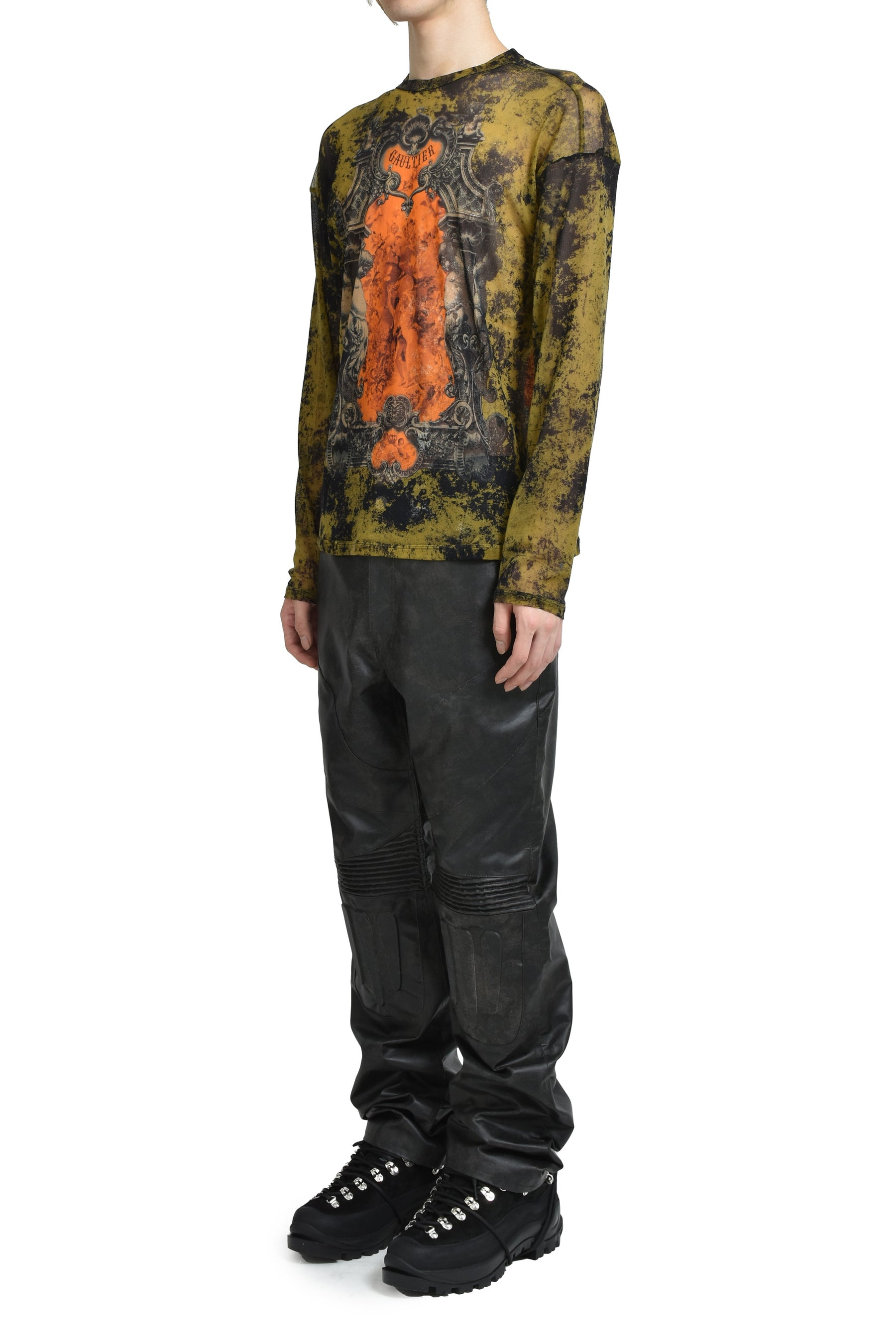 MESH OVERSIZED CREW NECK TOP PRINTED "MEDAILLON" / BLK/KHA/ORG - 4