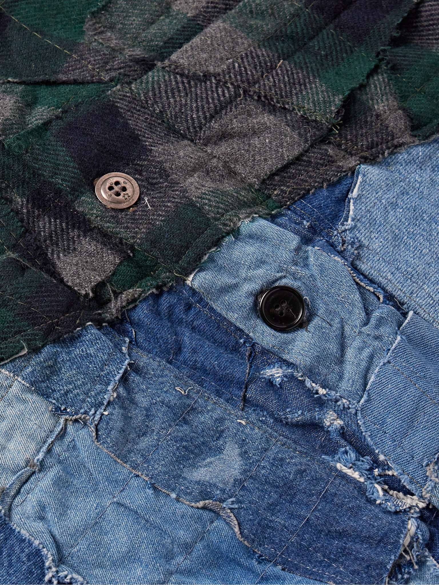 Patchwork Checked Cotton-Flannel and Distressed Denim Overshirt - 3