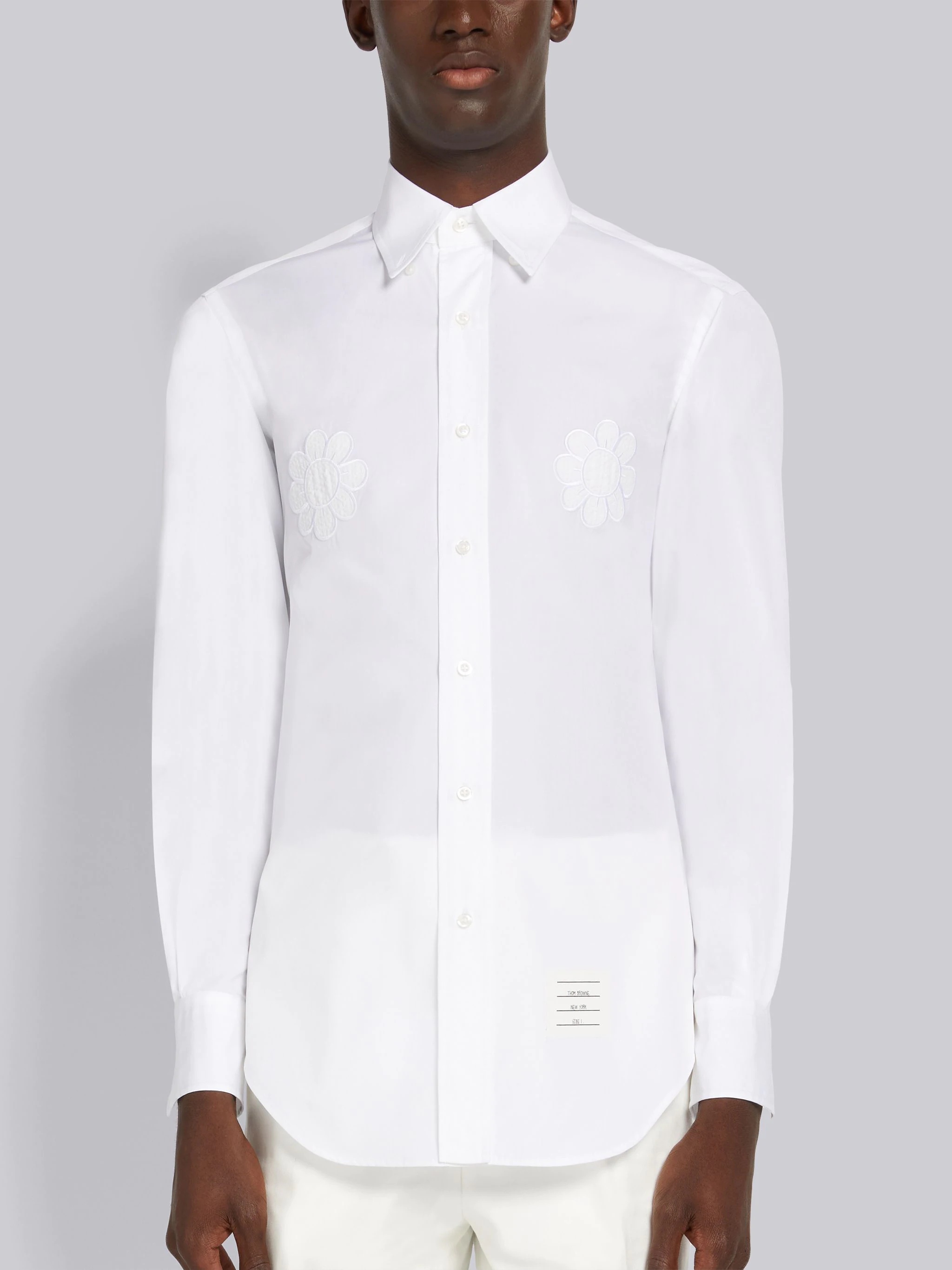 White Satin Stitch Floral Applique Classic Fit Shirt - 3
