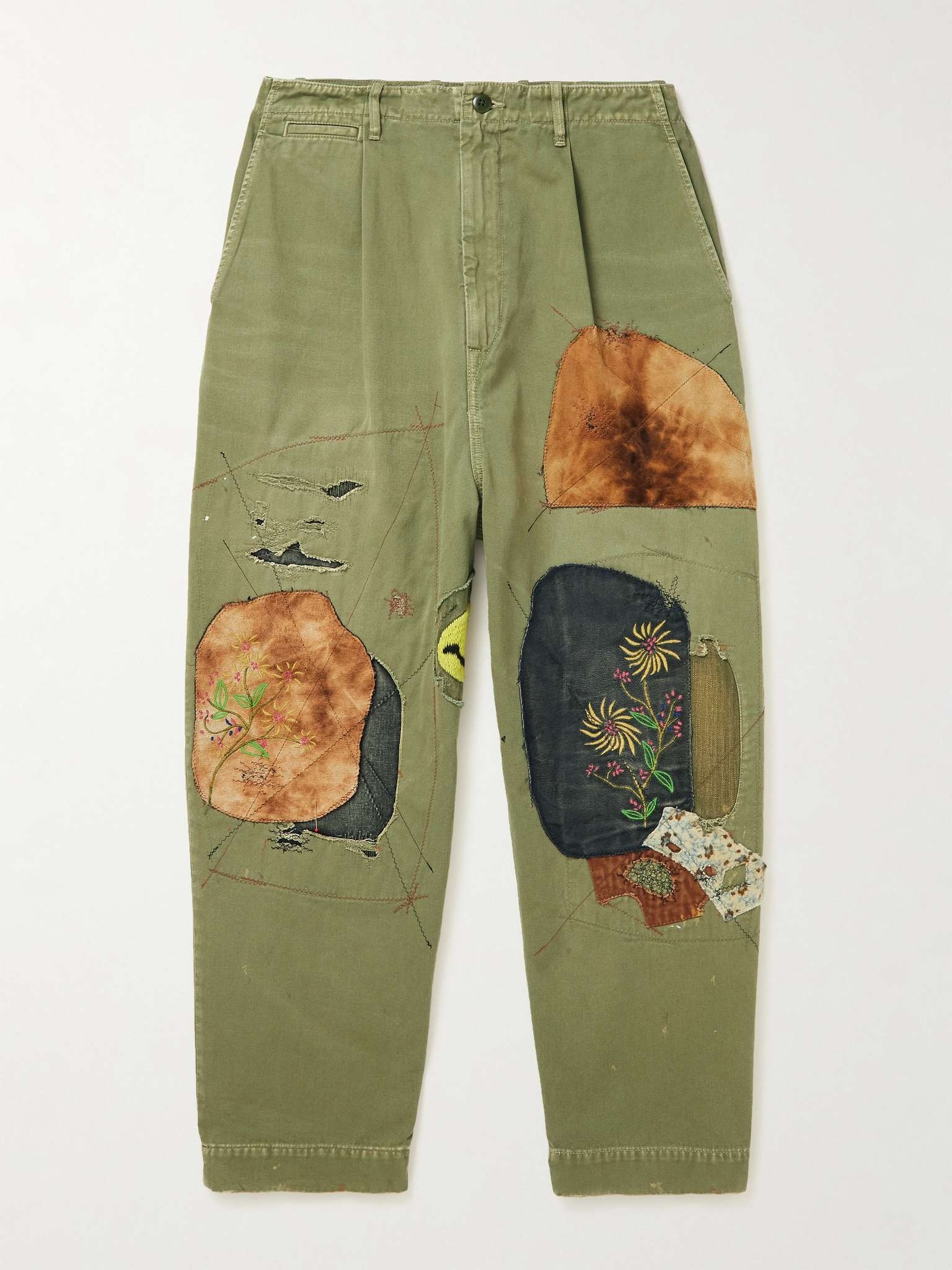 Katsuragi Wide-Leg Patchwork Distressed Cotton-Twill Trousers - 1