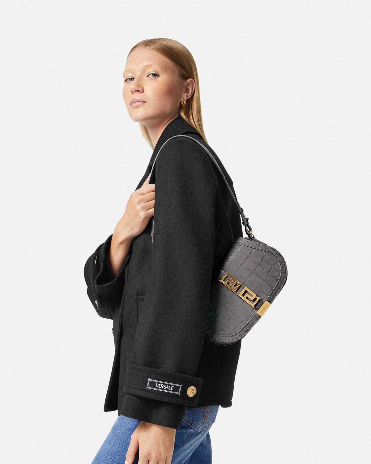 Croc-Effect Greca Goddess Shoulder Bag - 4