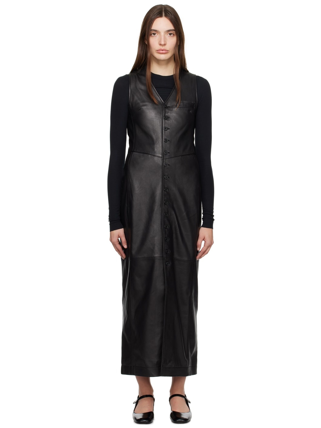 Black Vest Leather Midi Dress - 1
