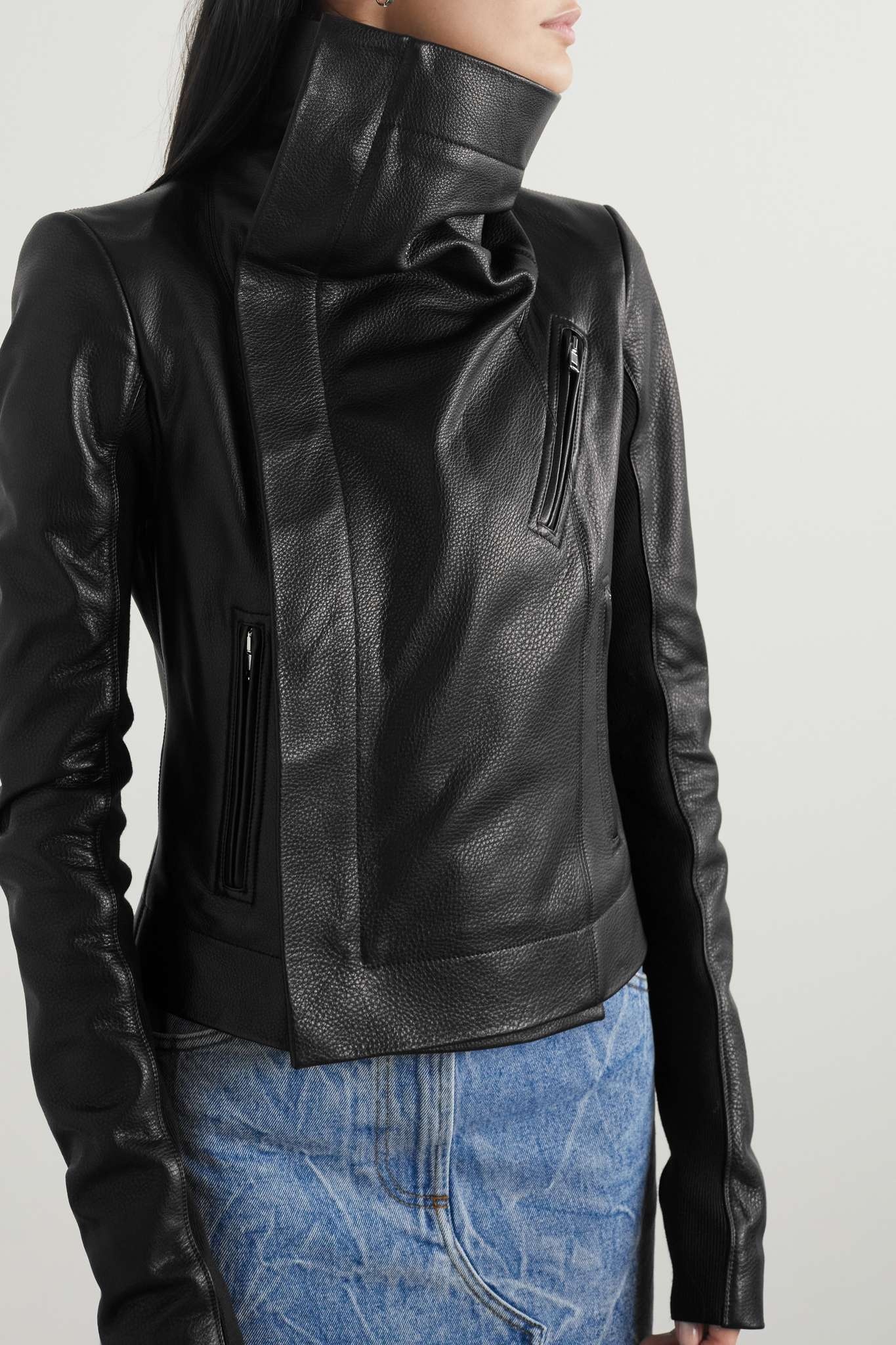 Textured-leather, ribbed wool and cotton and silk-blend biker jacket - 6