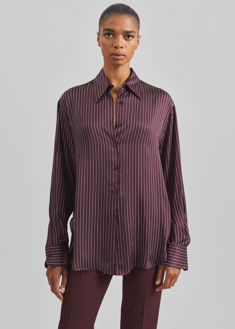 The Frankie Shop Peri Satin Fluid Shirt - Burgundy/White Pinstripe outlook