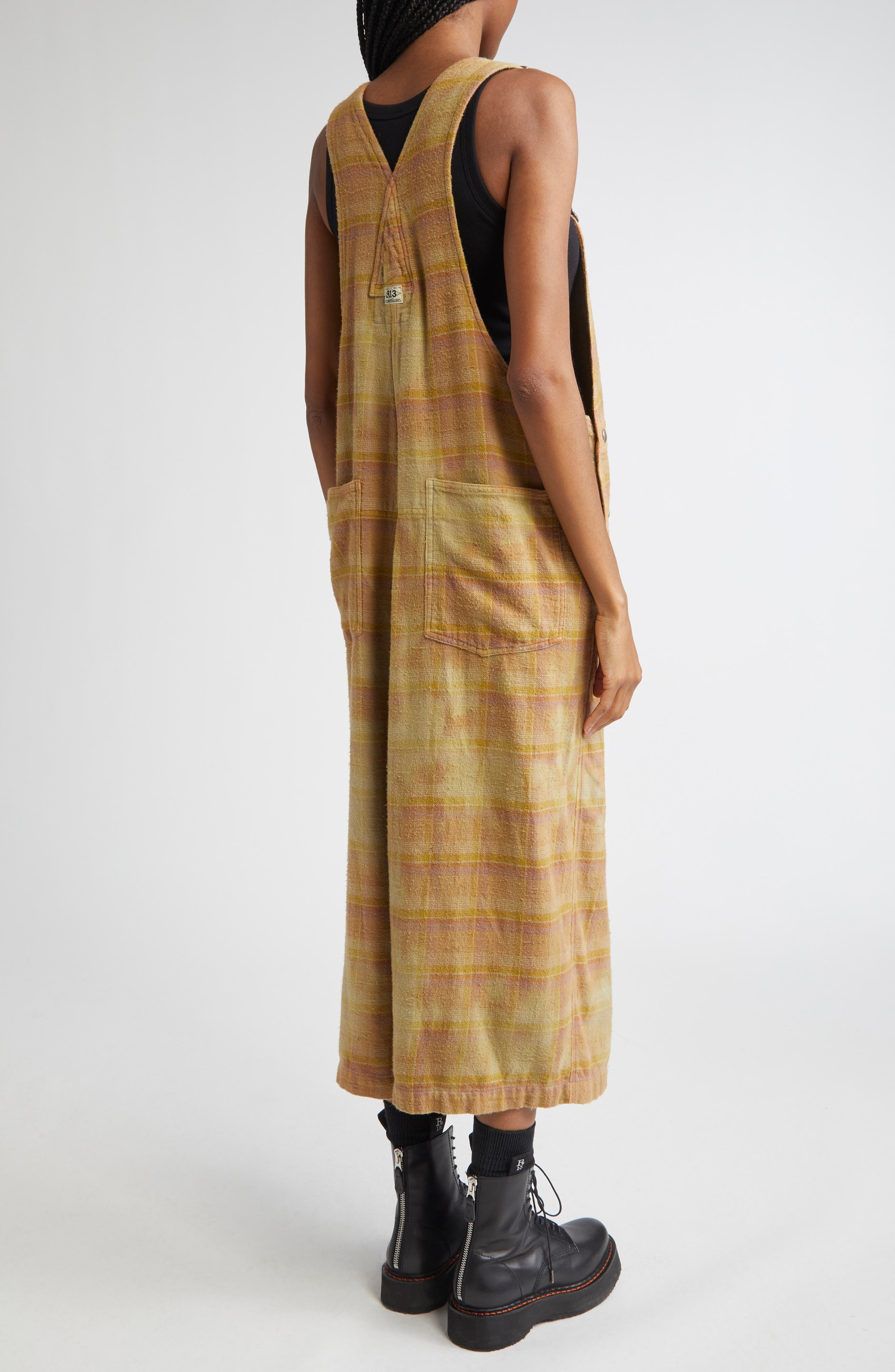 R13 Overdyed Plaid Cotton Flannel Jumbo Overalls in Overdyed Khaki Plaid at Nordstrom - 2