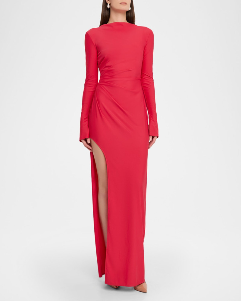 Matte Jersey Long-Sleeve Ruched Gown 4
